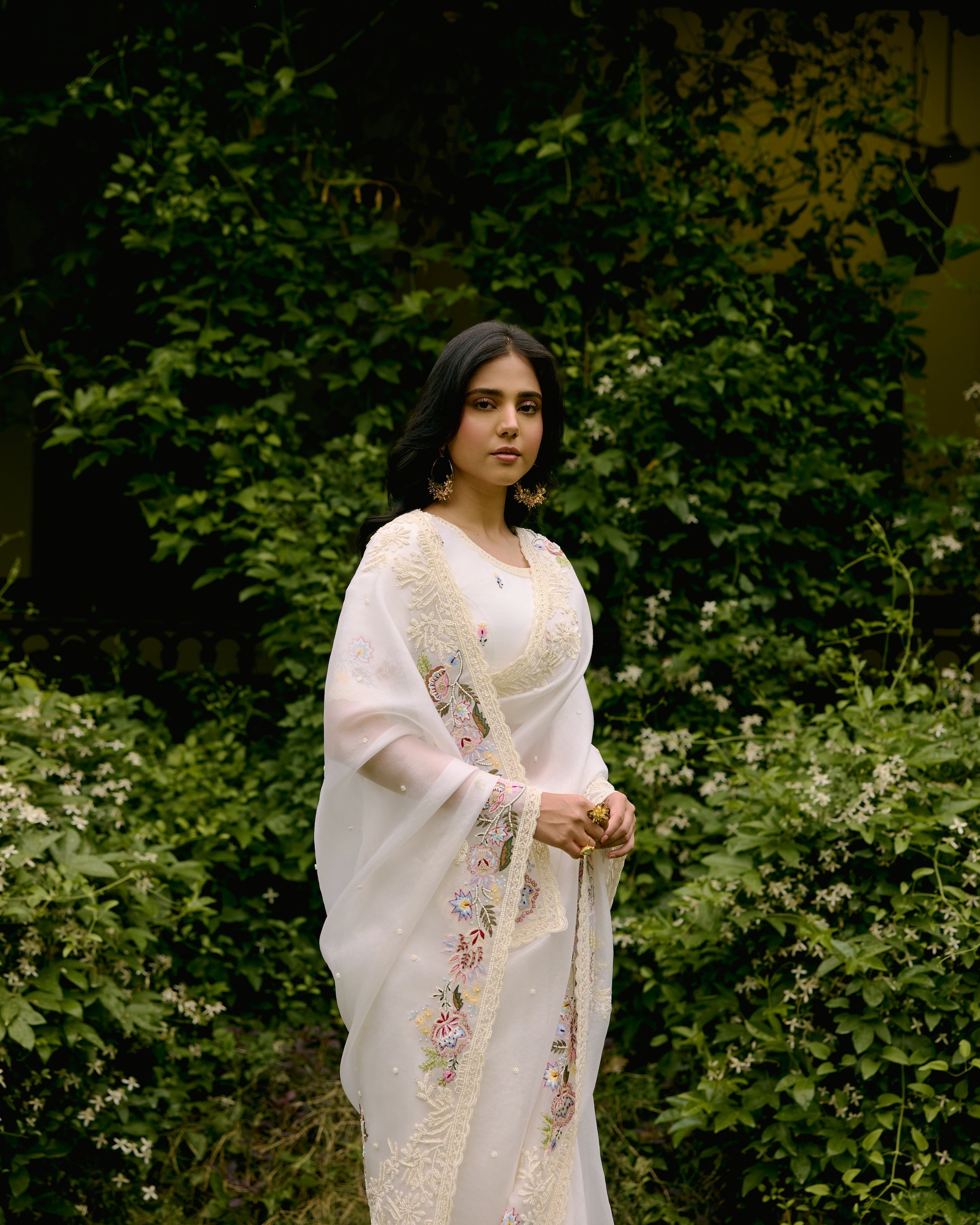 Ivory Organza Pearl and Threadwork Saree