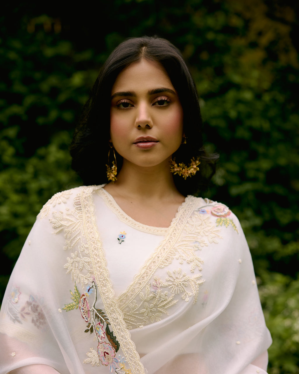 Ivory Organza Pearl and Threadwork Saree