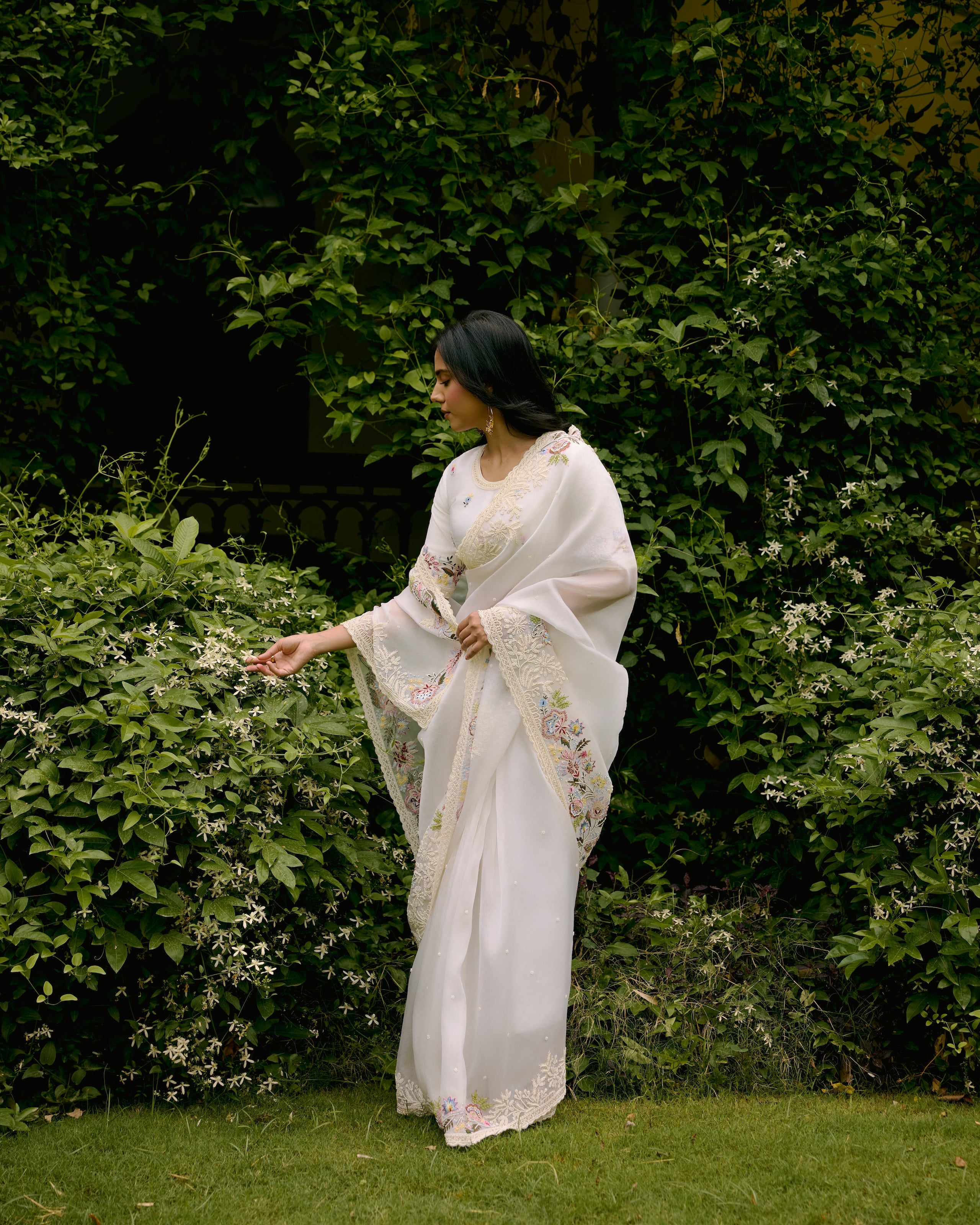 Ivory Organza Pearl and Threadwork Saree