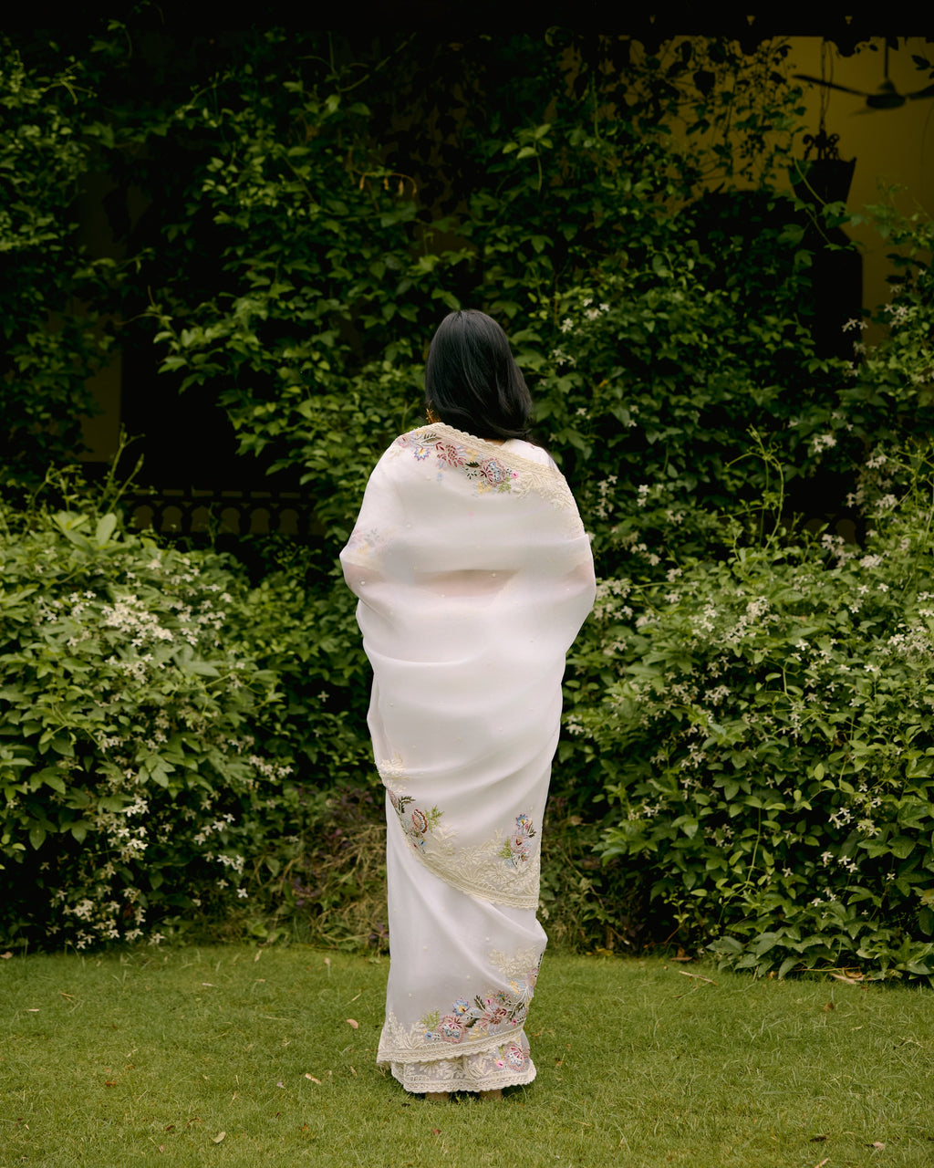 Ivory Organza Pearl and Threadwork Saree