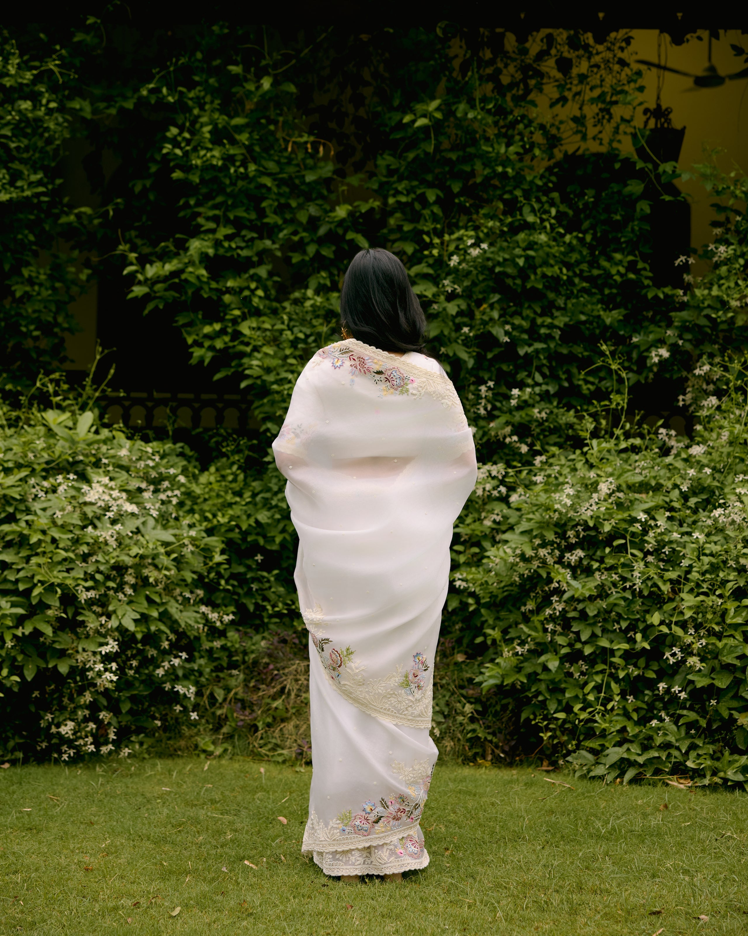 Ivory Organza Pearl and Threadwork Saree