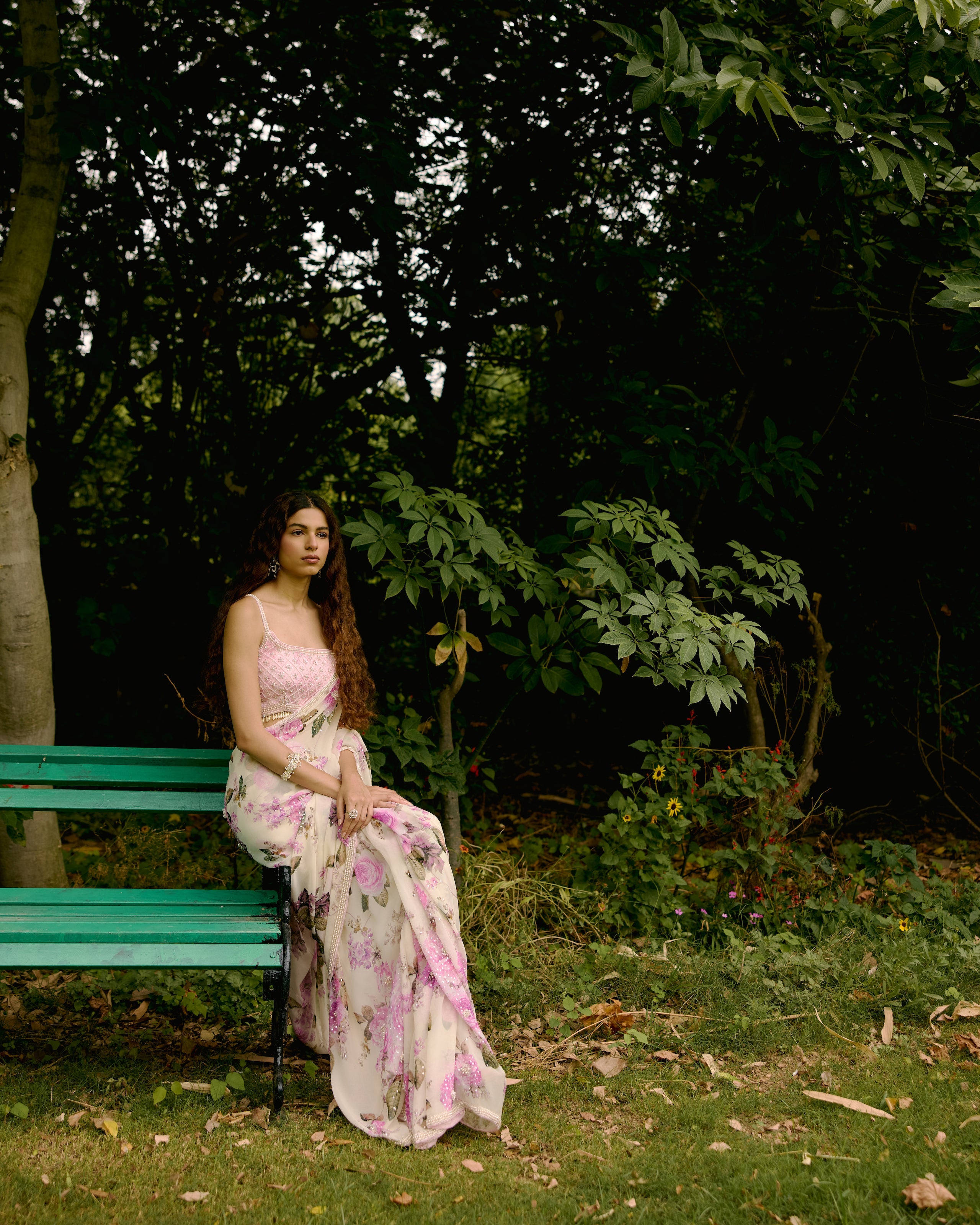 Creme Georgette Printed Saree with Pearls