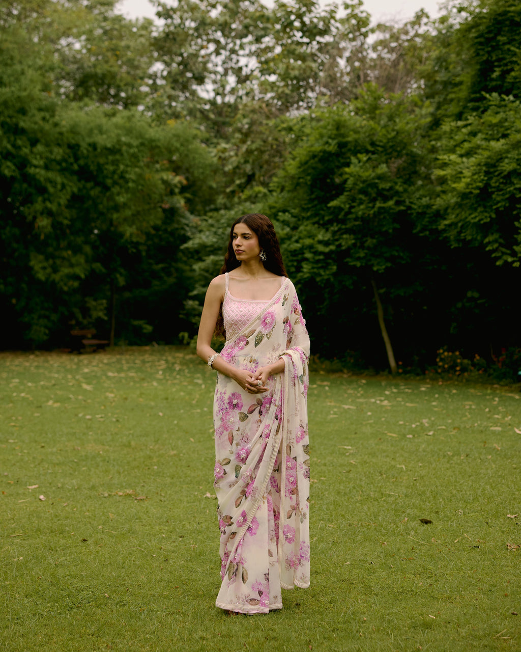 Creme Georgette Printed Saree with Pearls