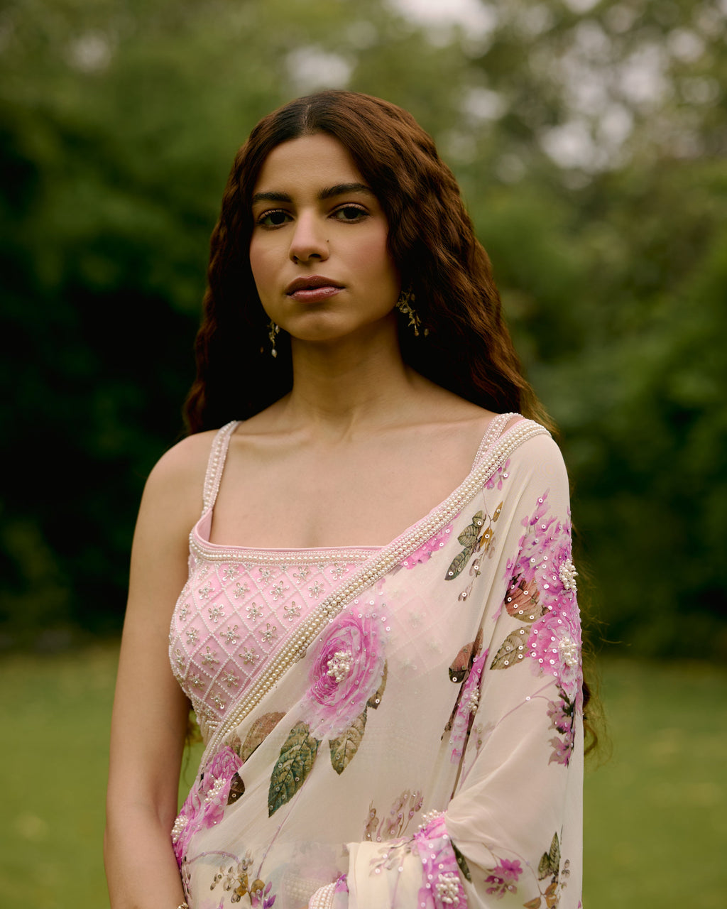 Creme Georgette Printed Saree with Pearls
