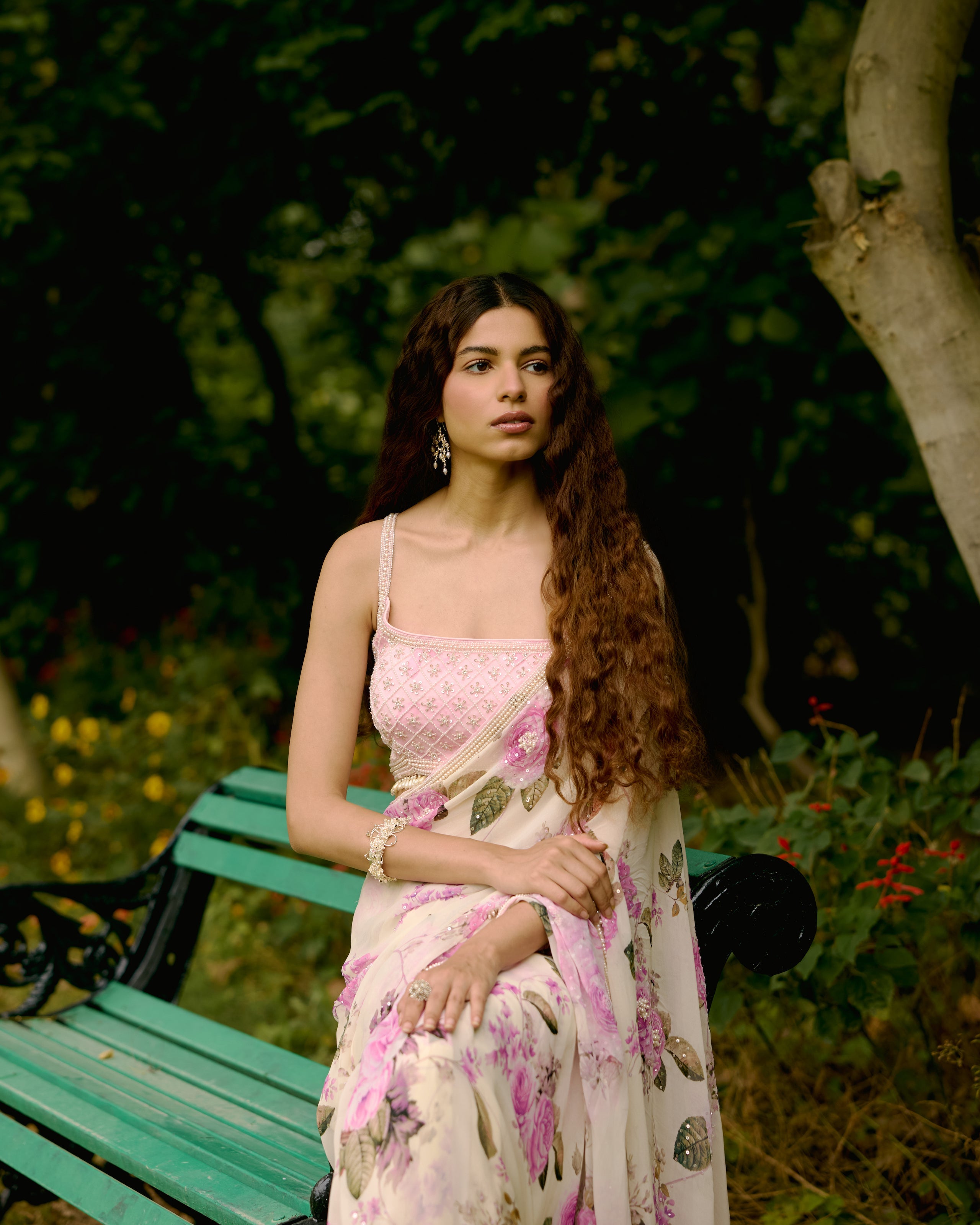 Creme Georgette Printed Saree with Pearls