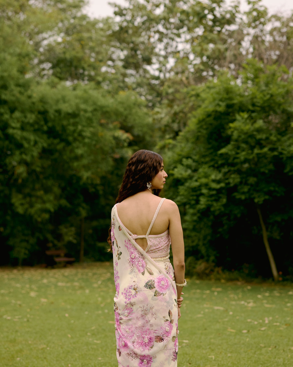 Creme Georgette Printed Saree with Pearls