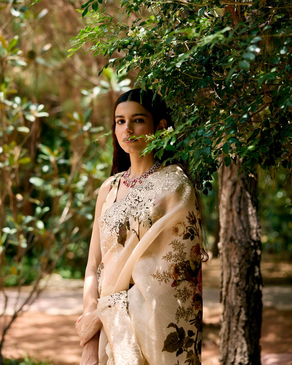 Beige and Pink Printed Crepe Saree