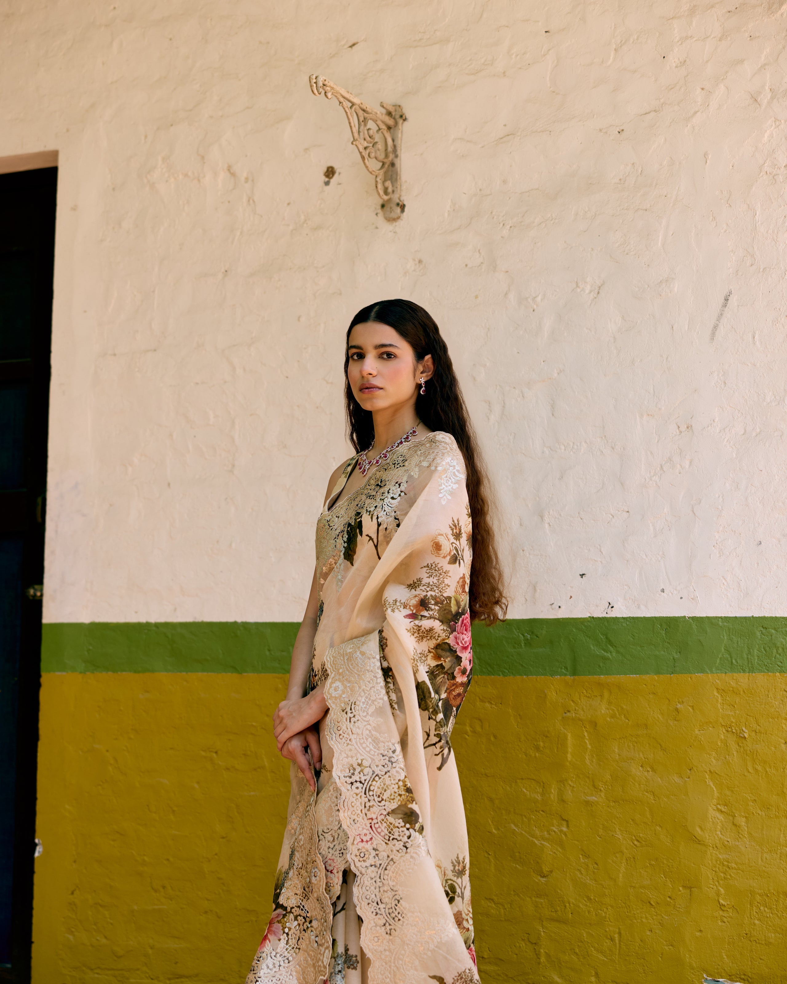 Beige and Pink Printed Crepe Saree