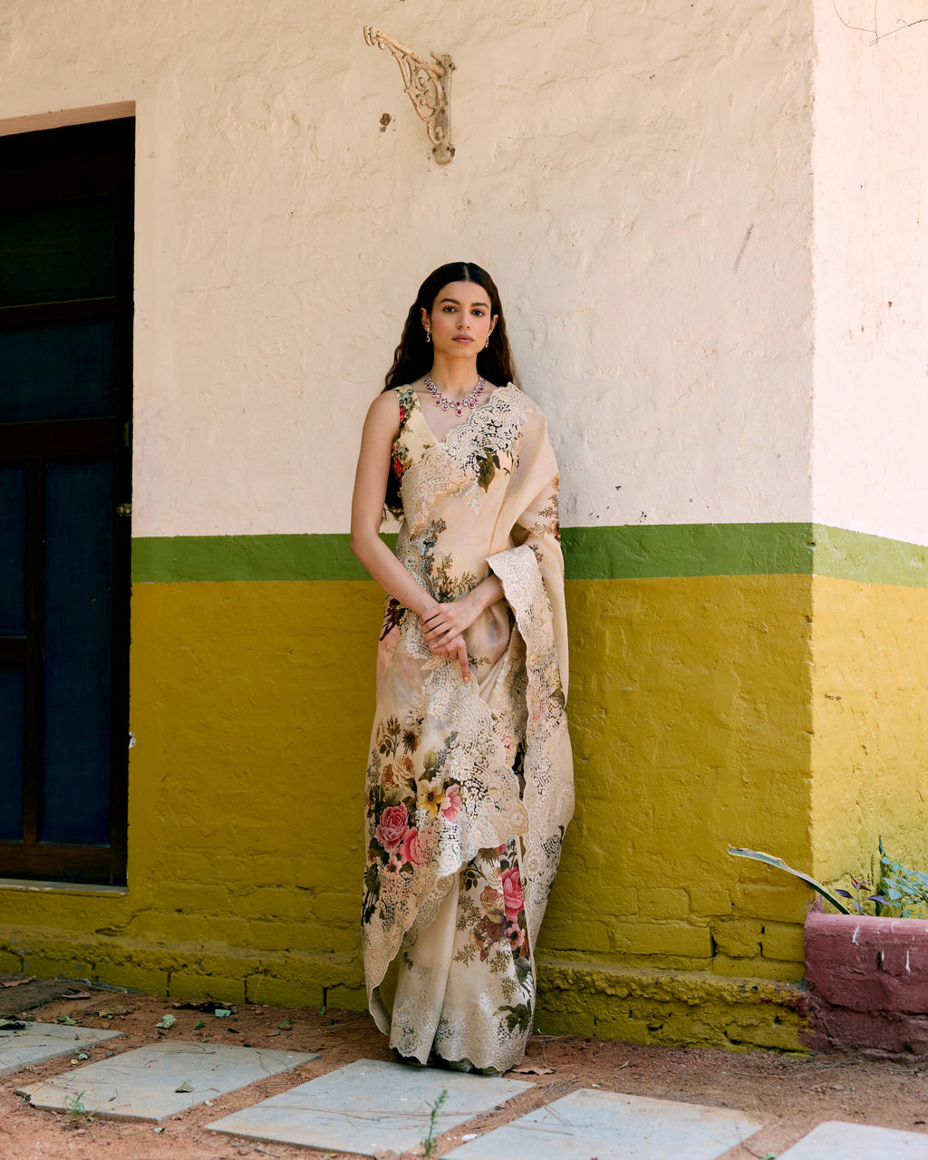 Beige and Pink Printed Crepe Saree