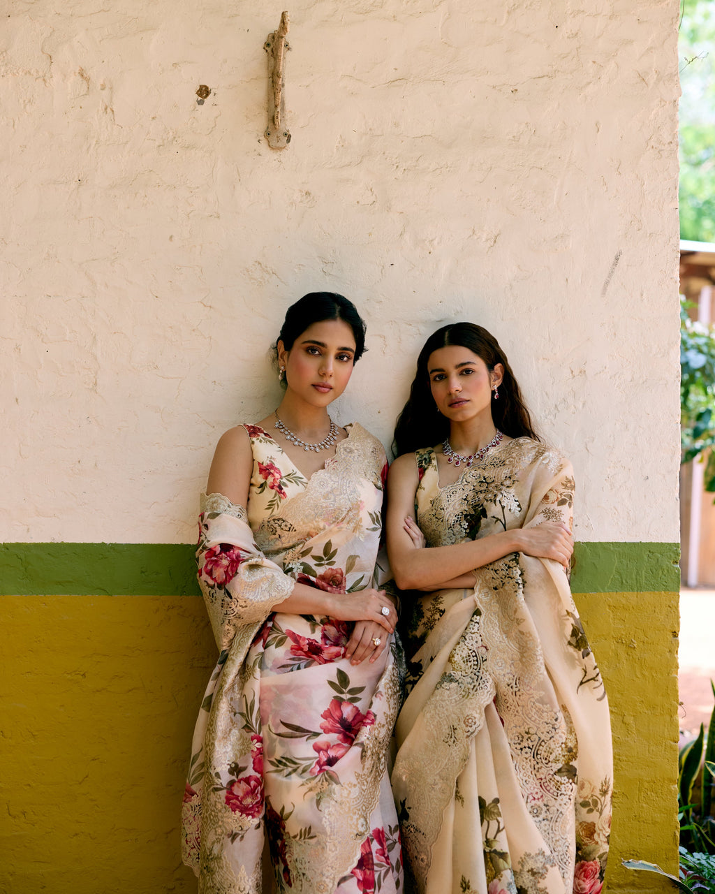 Beige and Pink Printed Crepe Saree