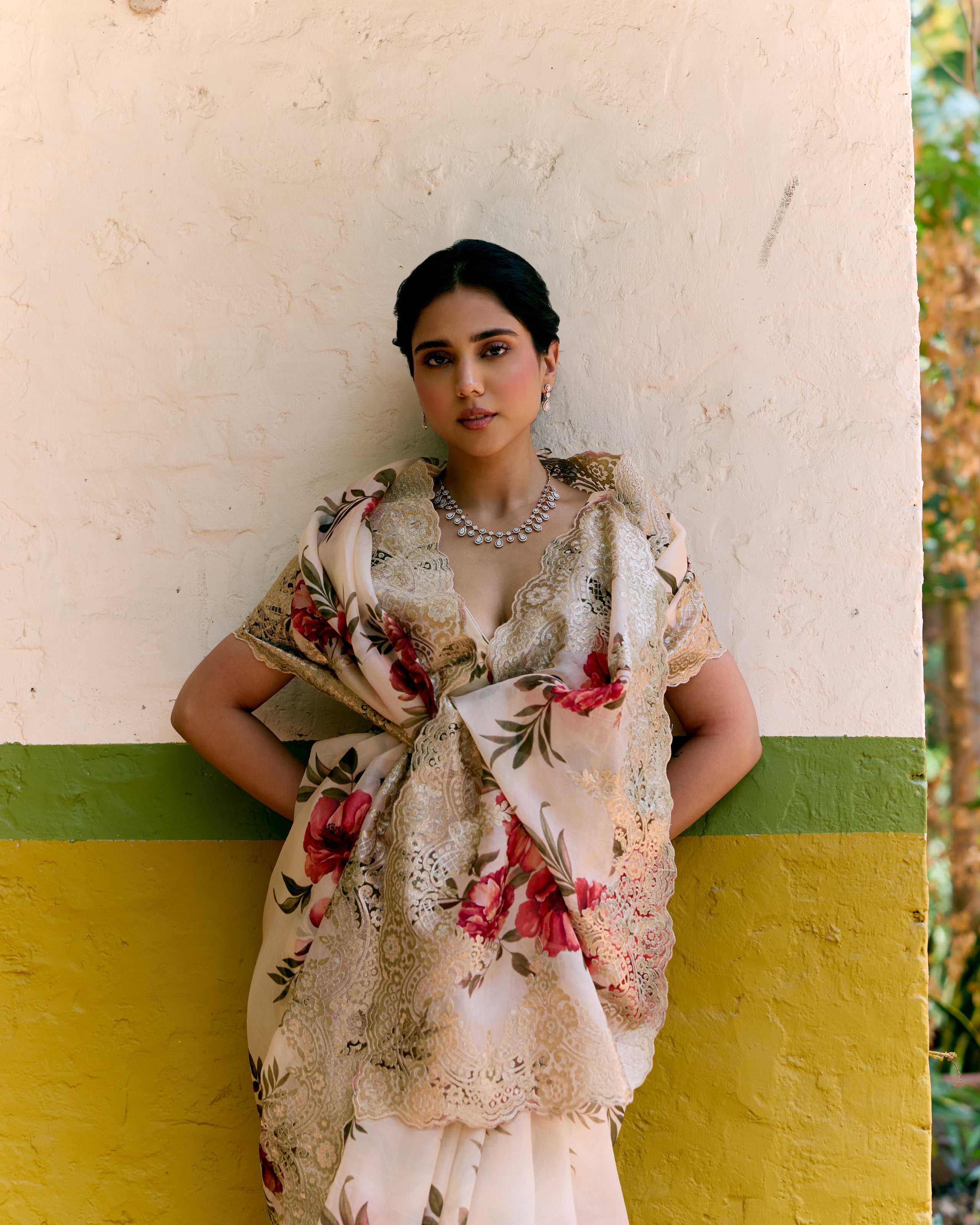 Beige and Red Printed Crepe Saree