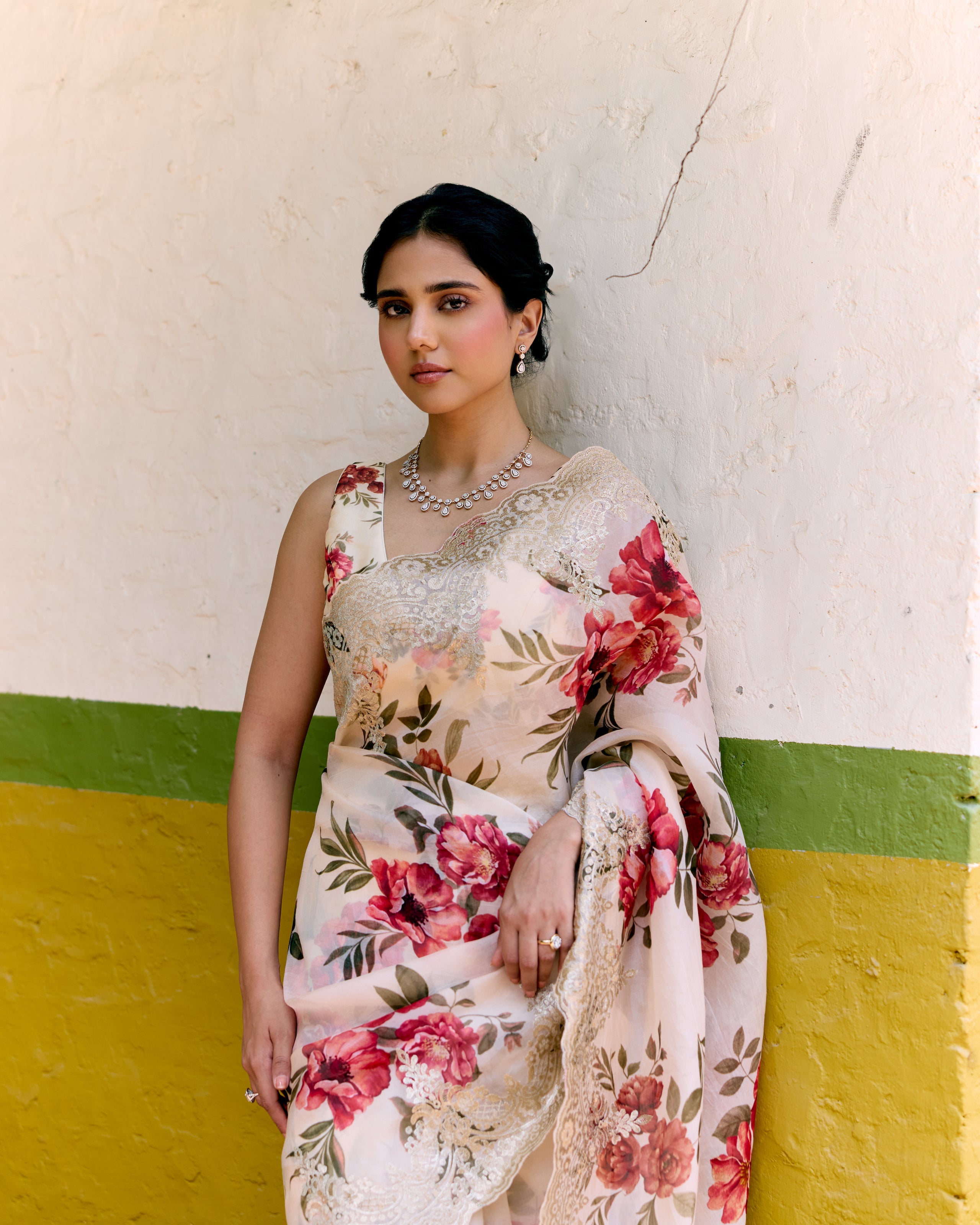 Beige and Red Printed Crepe Saree
