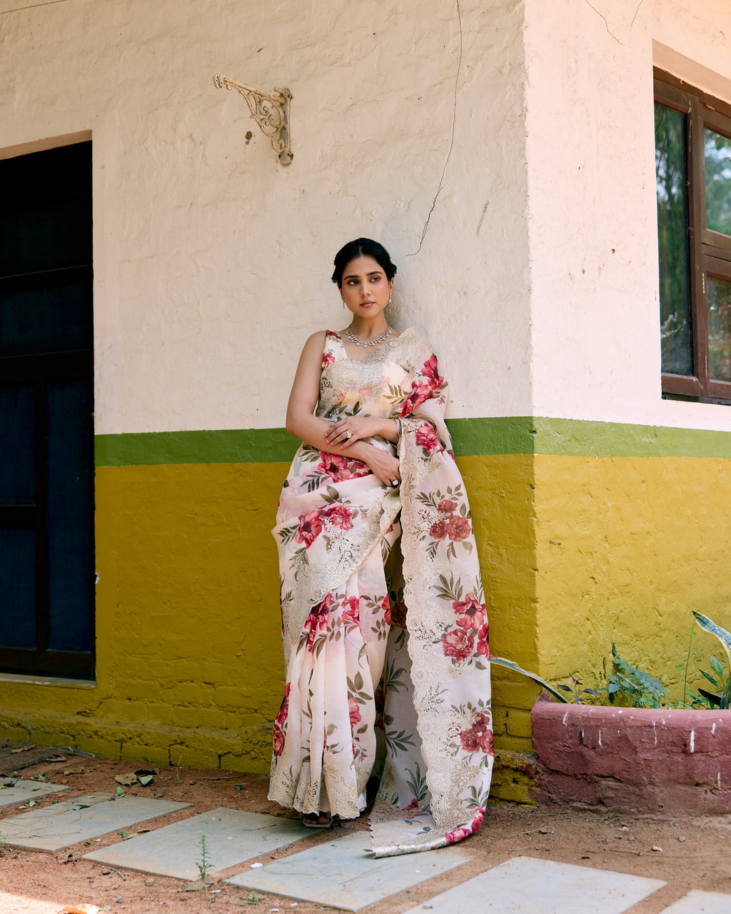 Beige and Red Printed Crepe Saree