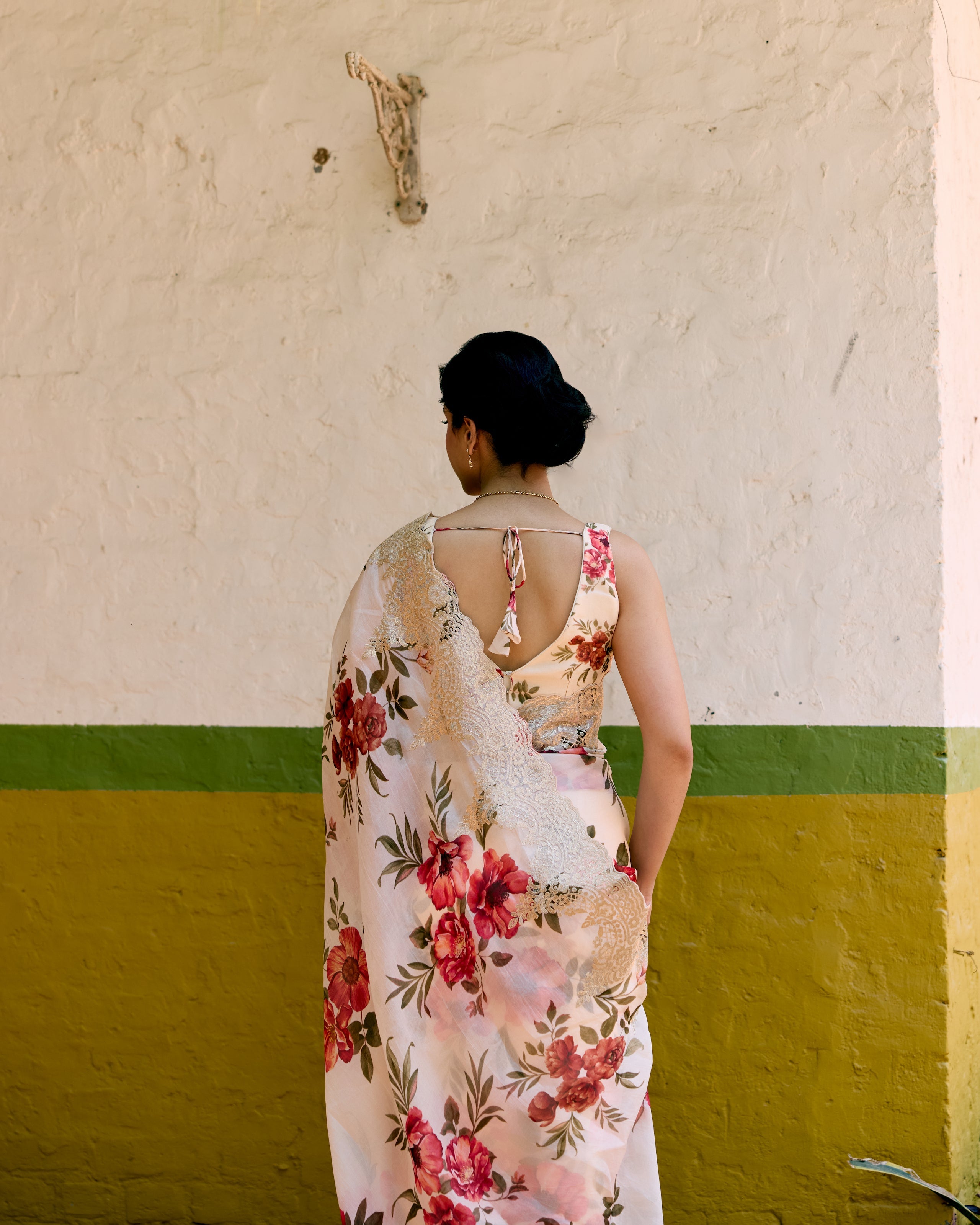 Beige and Red Printed Crepe Saree
