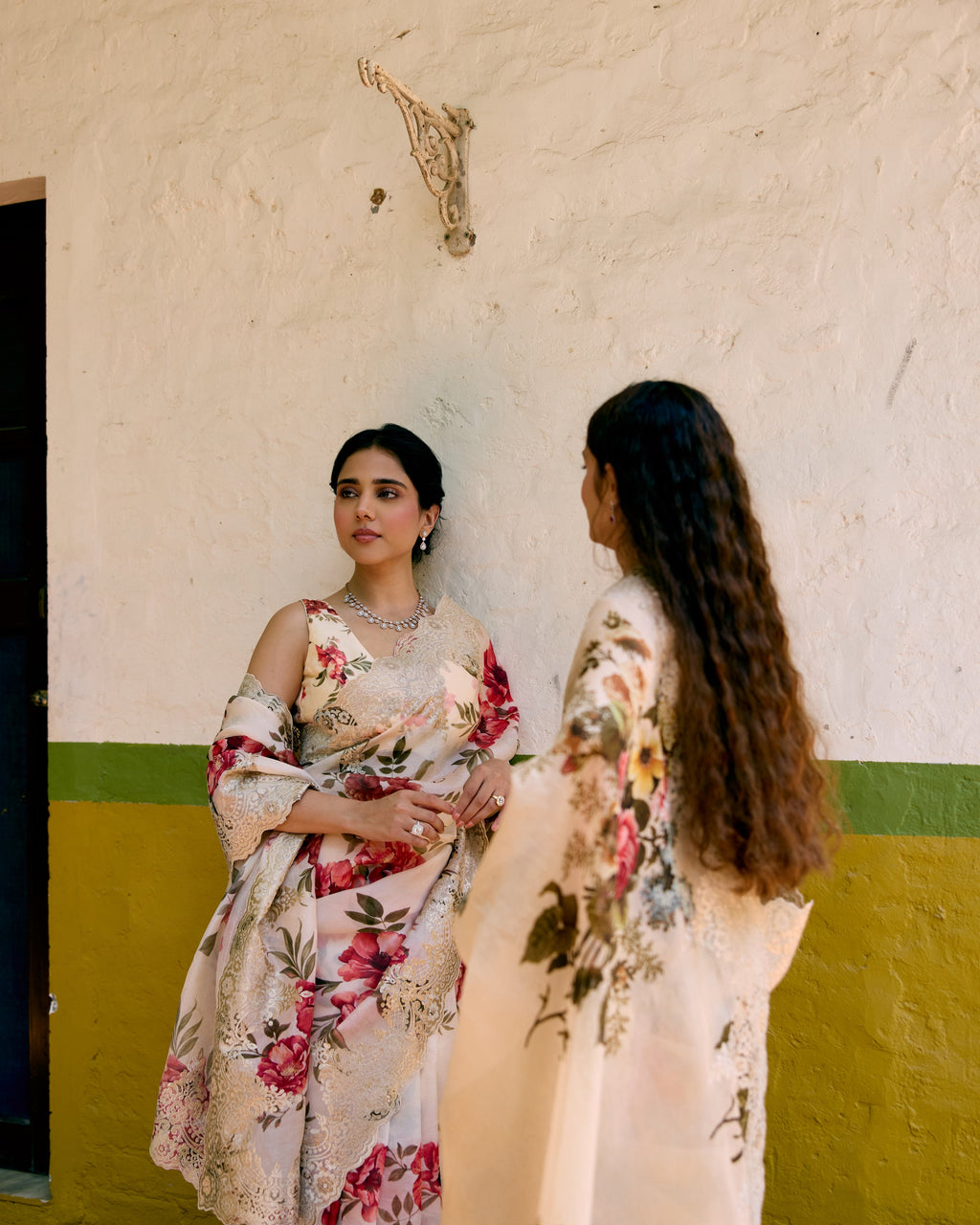 Beige and Red Printed Crepe Saree