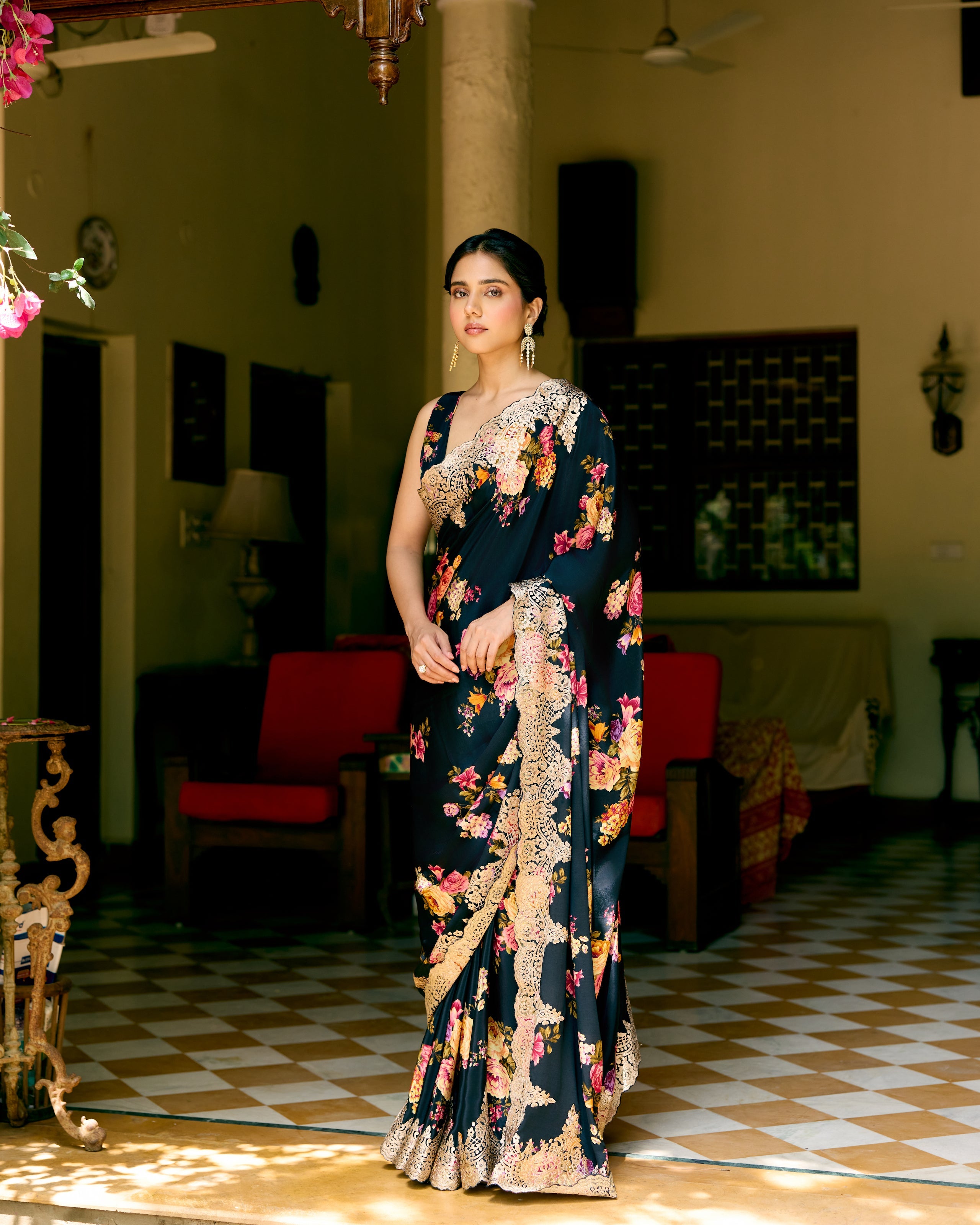 Black Crepe Printed Saree with Chantily Lace