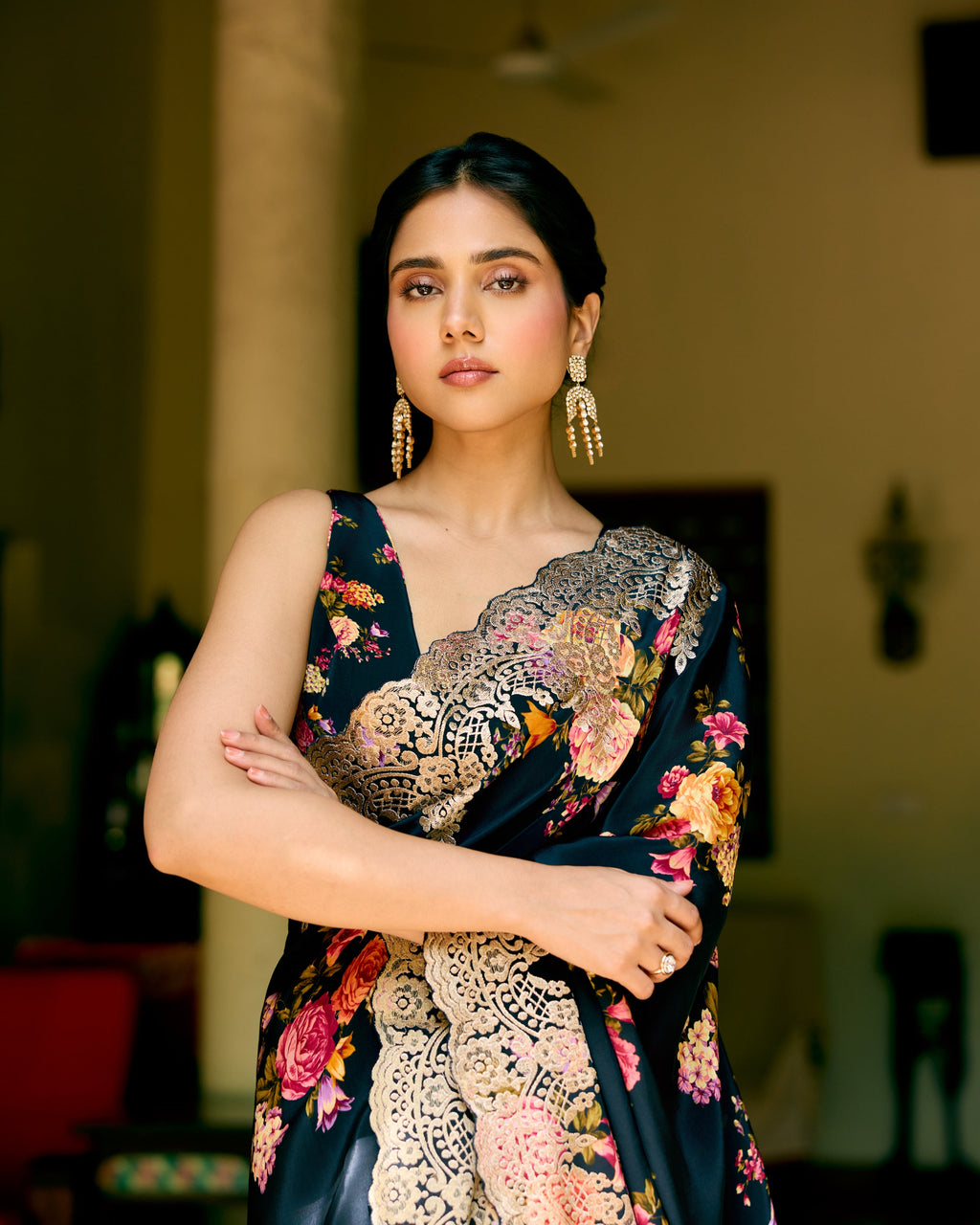 Black Crepe Printed Saree with Chantily Lace
