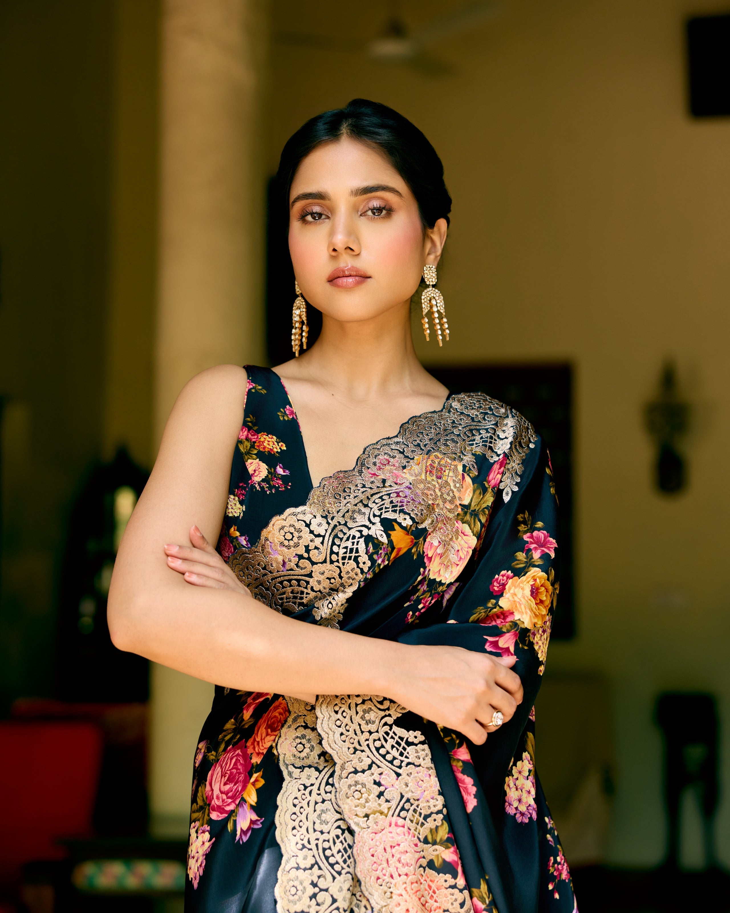 Black Crepe Printed Saree with Chantily Lace