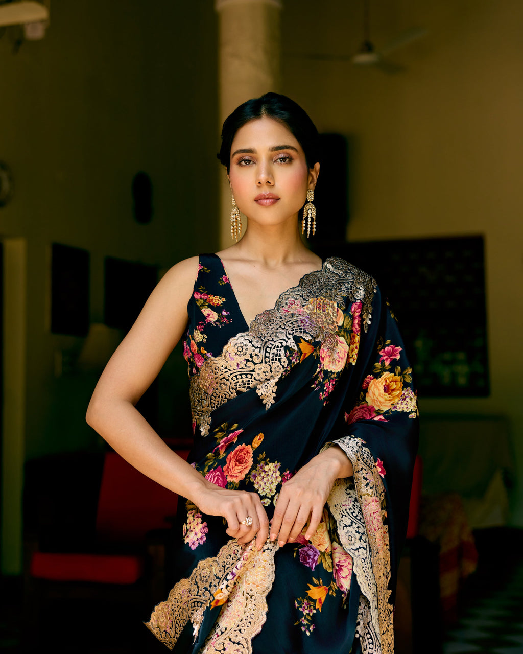 Black Crepe Printed Saree with Chantily Lace