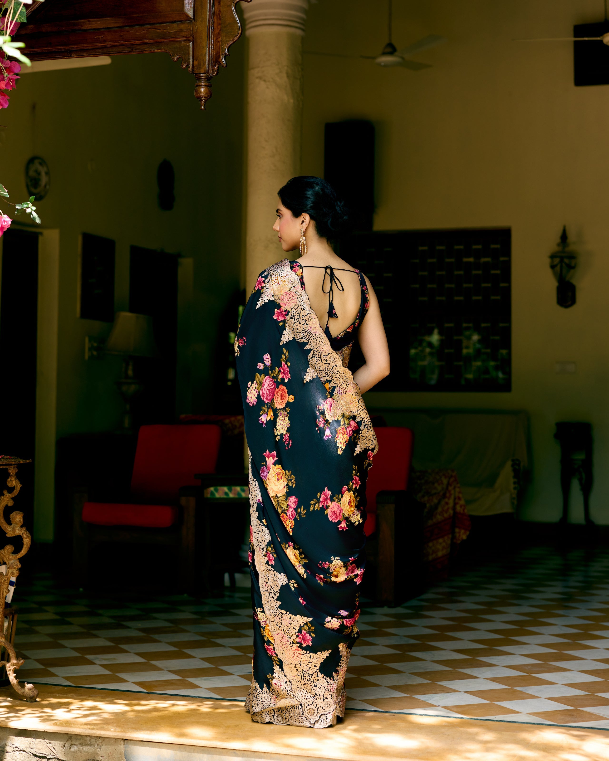 Black Crepe Printed Saree with Chantily Lace