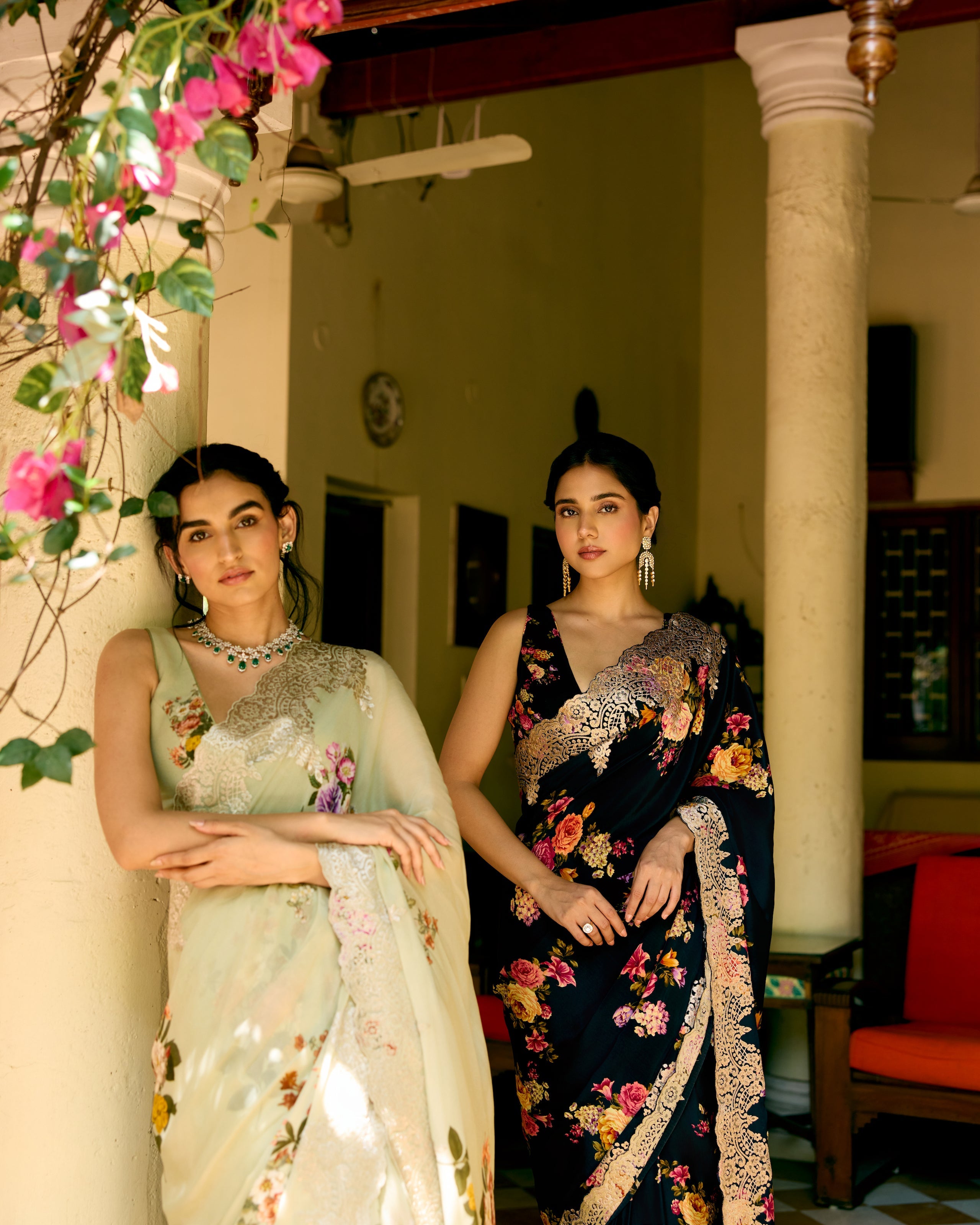 Black Crepe Printed Saree with Chantily Lace