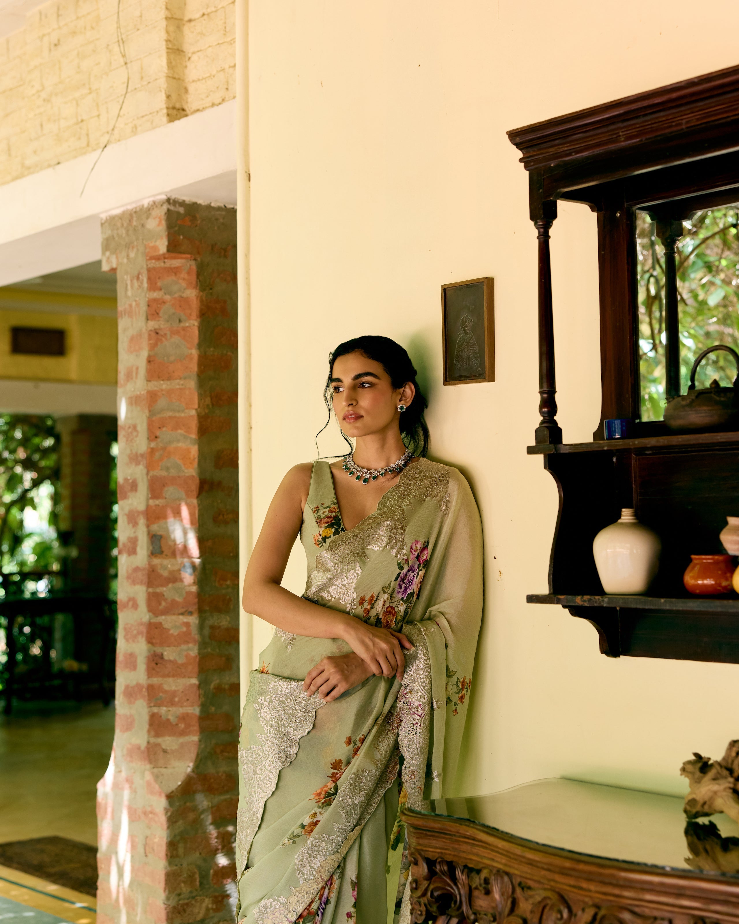 Green Crepe Printed Saree with Chantily Lace