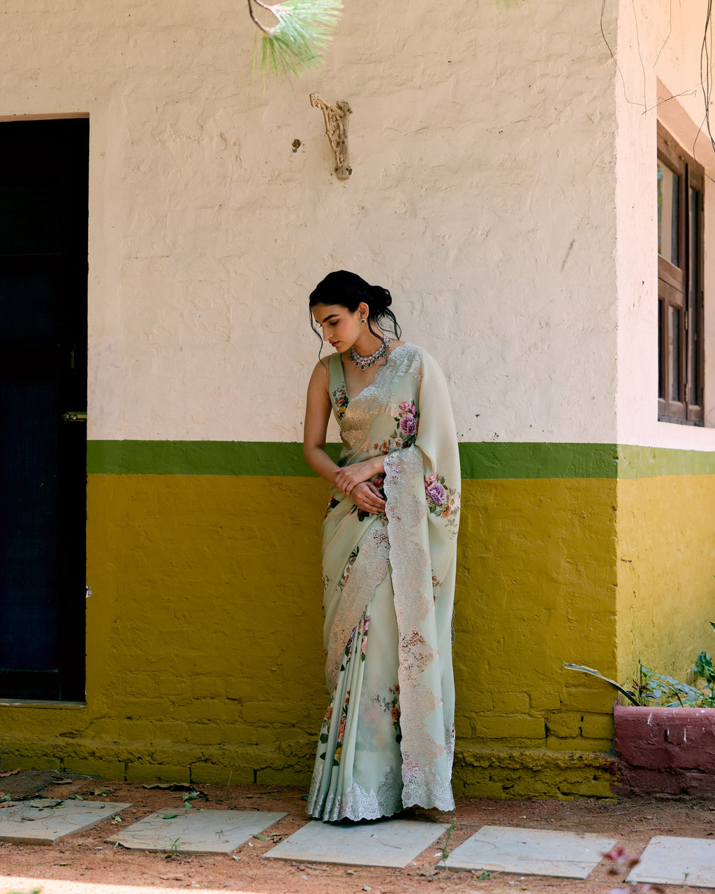 Green Crepe Printed Saree with Chantily Lace