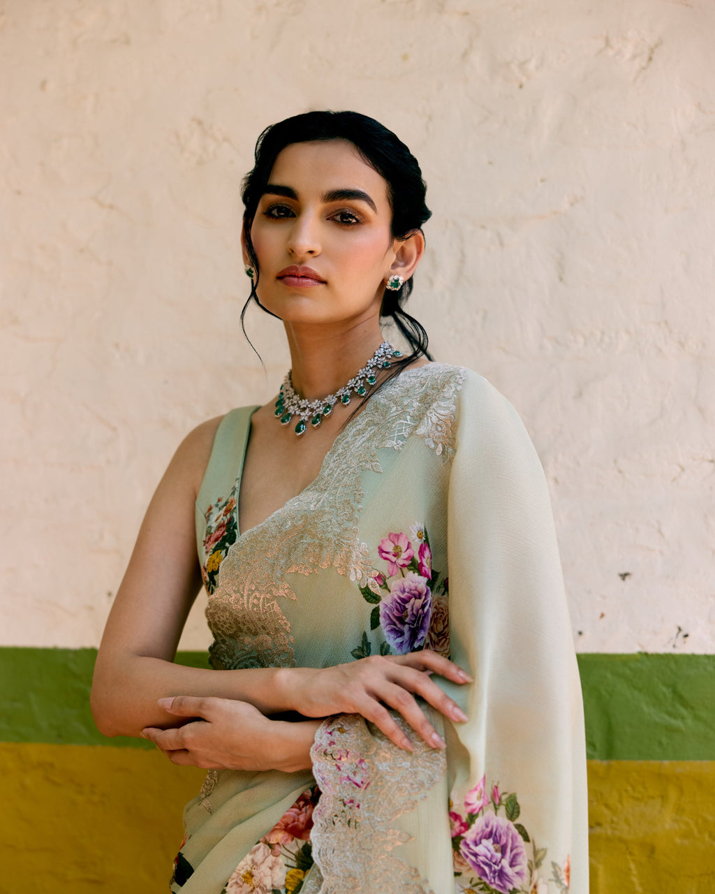 Green Crepe Printed Saree with Chantily Lace