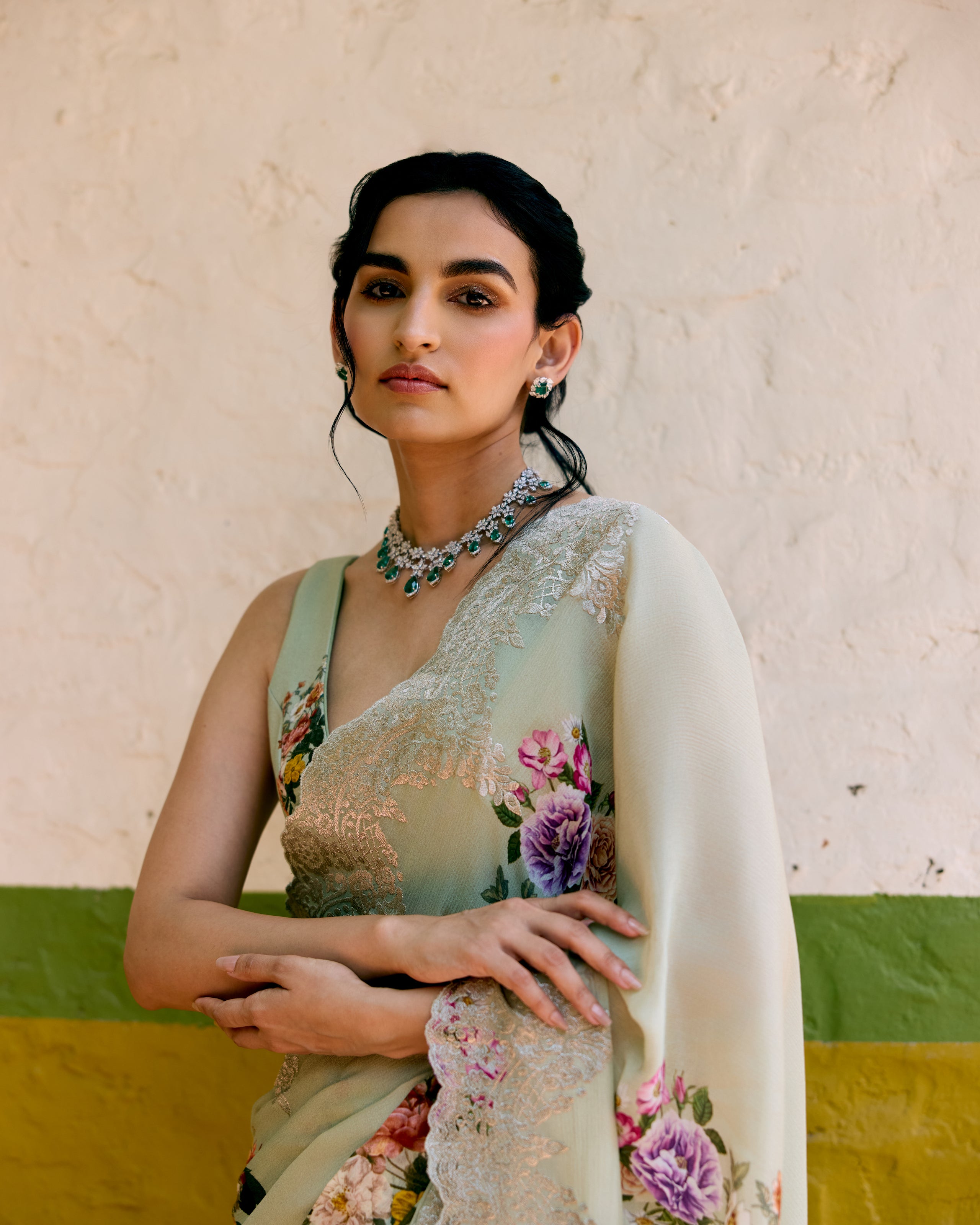 Green Crepe Printed Saree with Chantily Lace