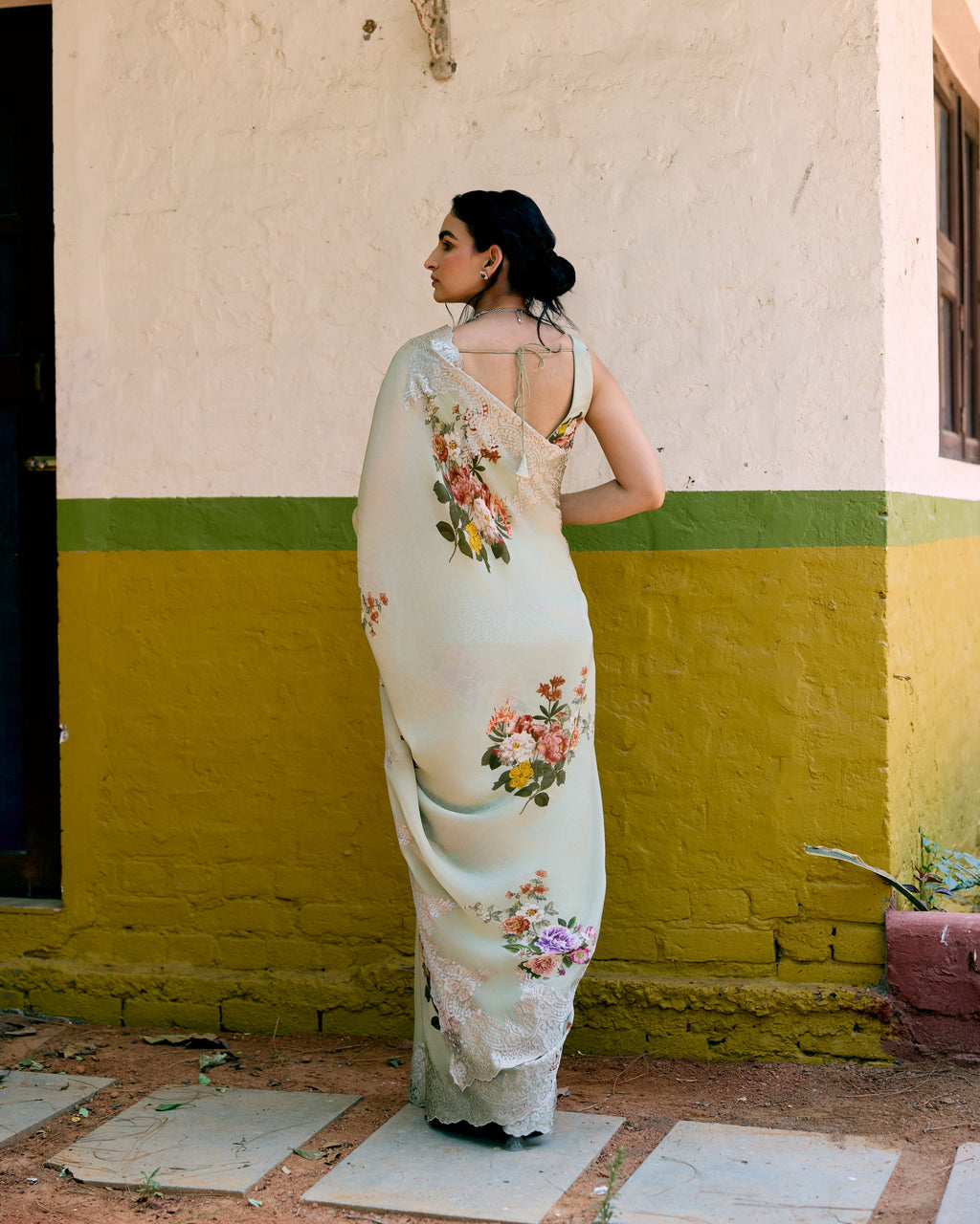 Green Crepe Printed Saree with Chantily Lace