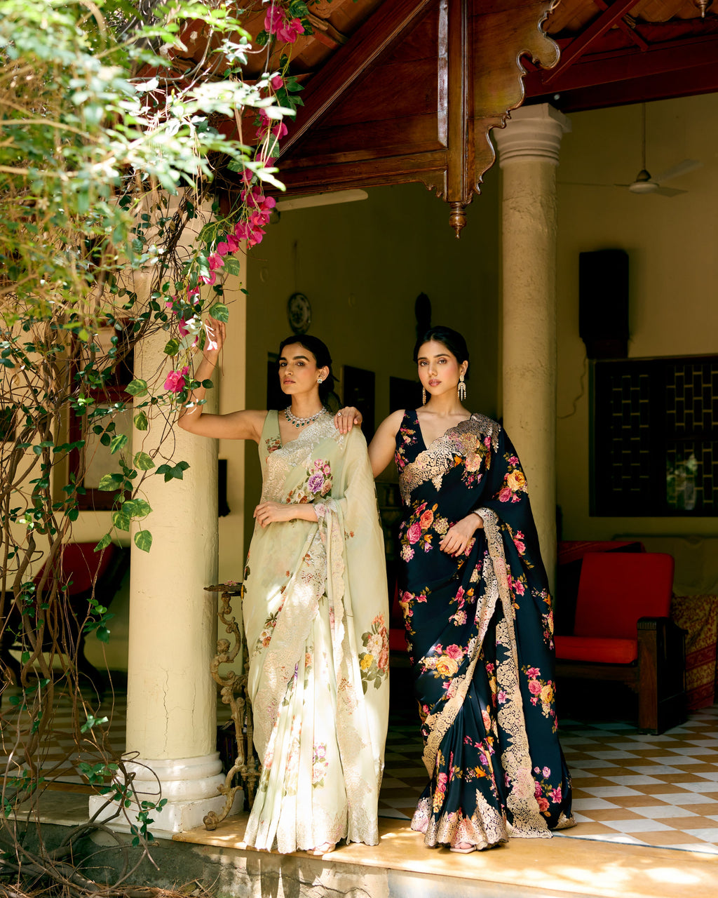 Green Crepe Printed Saree with Chantily Lace