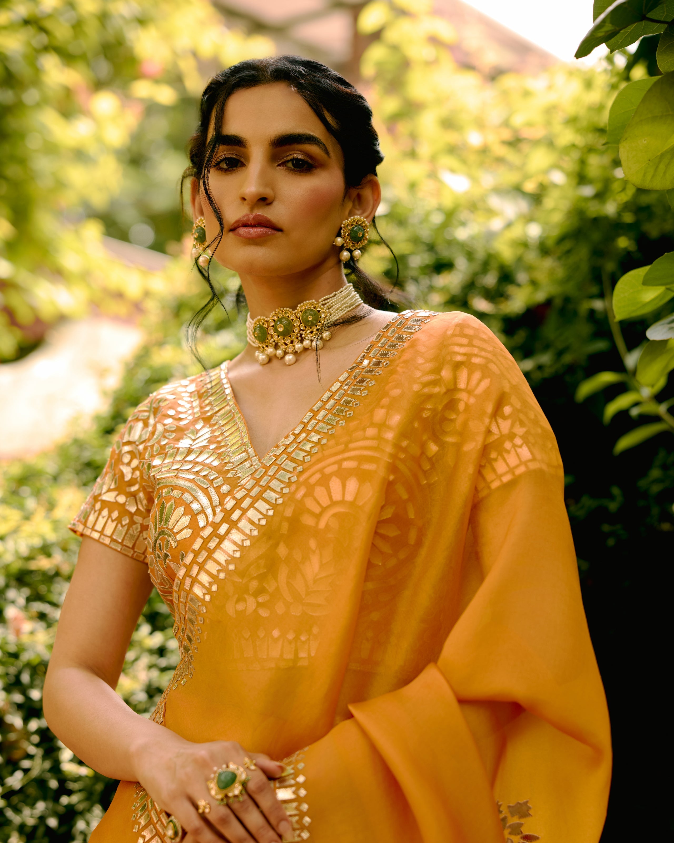 Rust Organza Leather Embroidery Saree