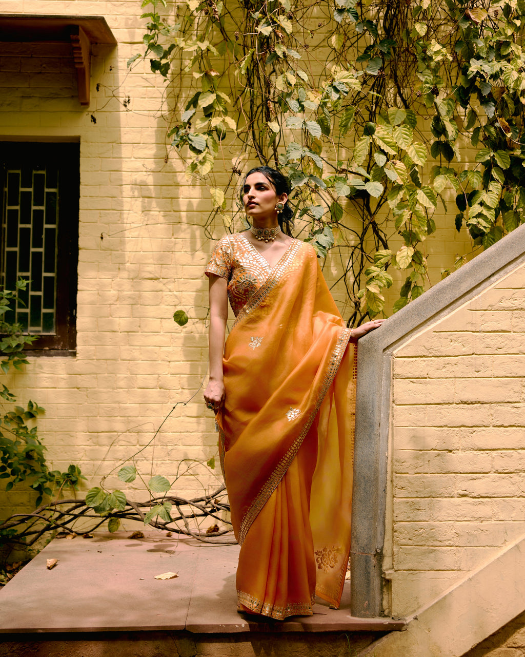 Rust Organza Leather Embroidery Saree