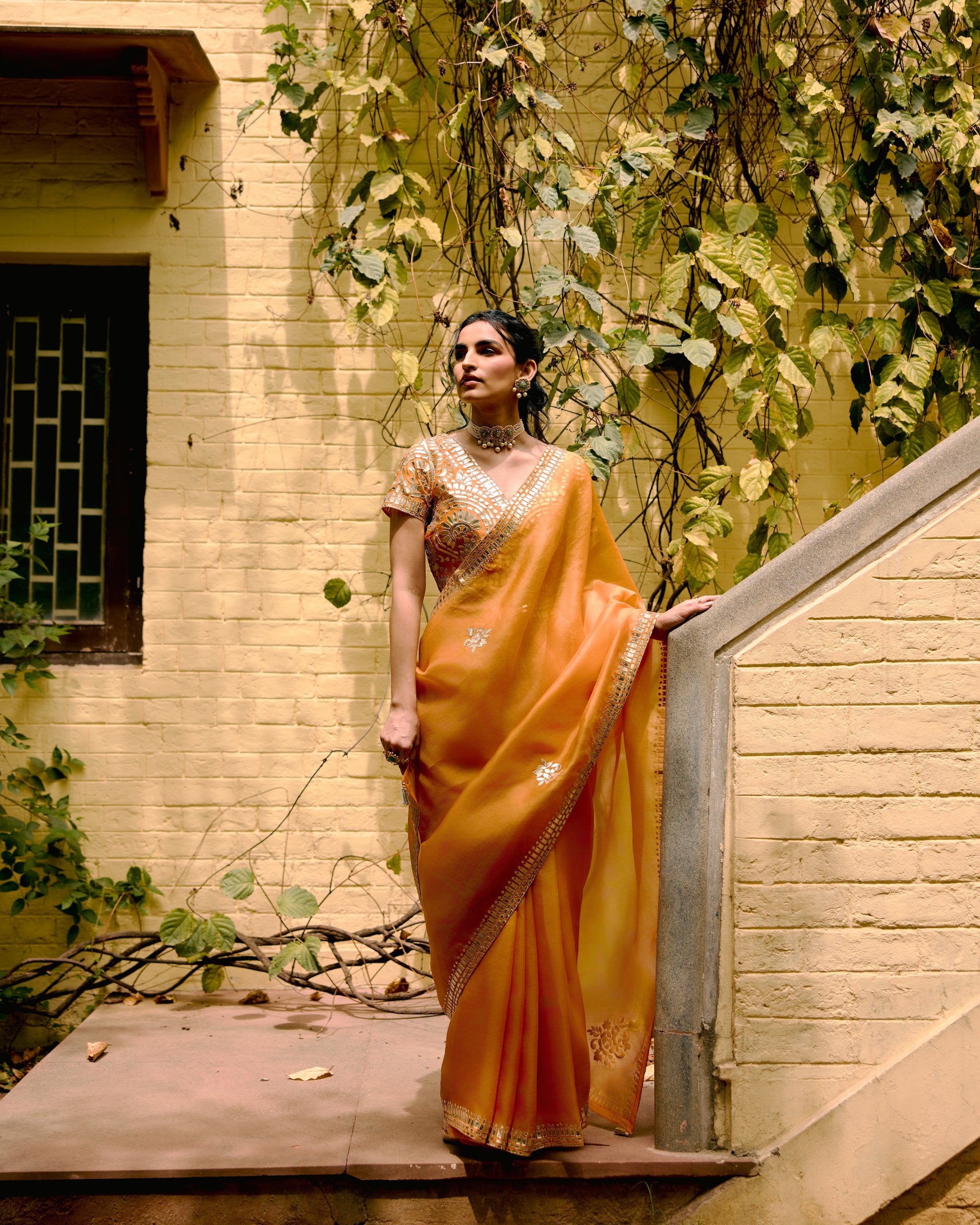 Rust Organza Leather Embroidery Saree