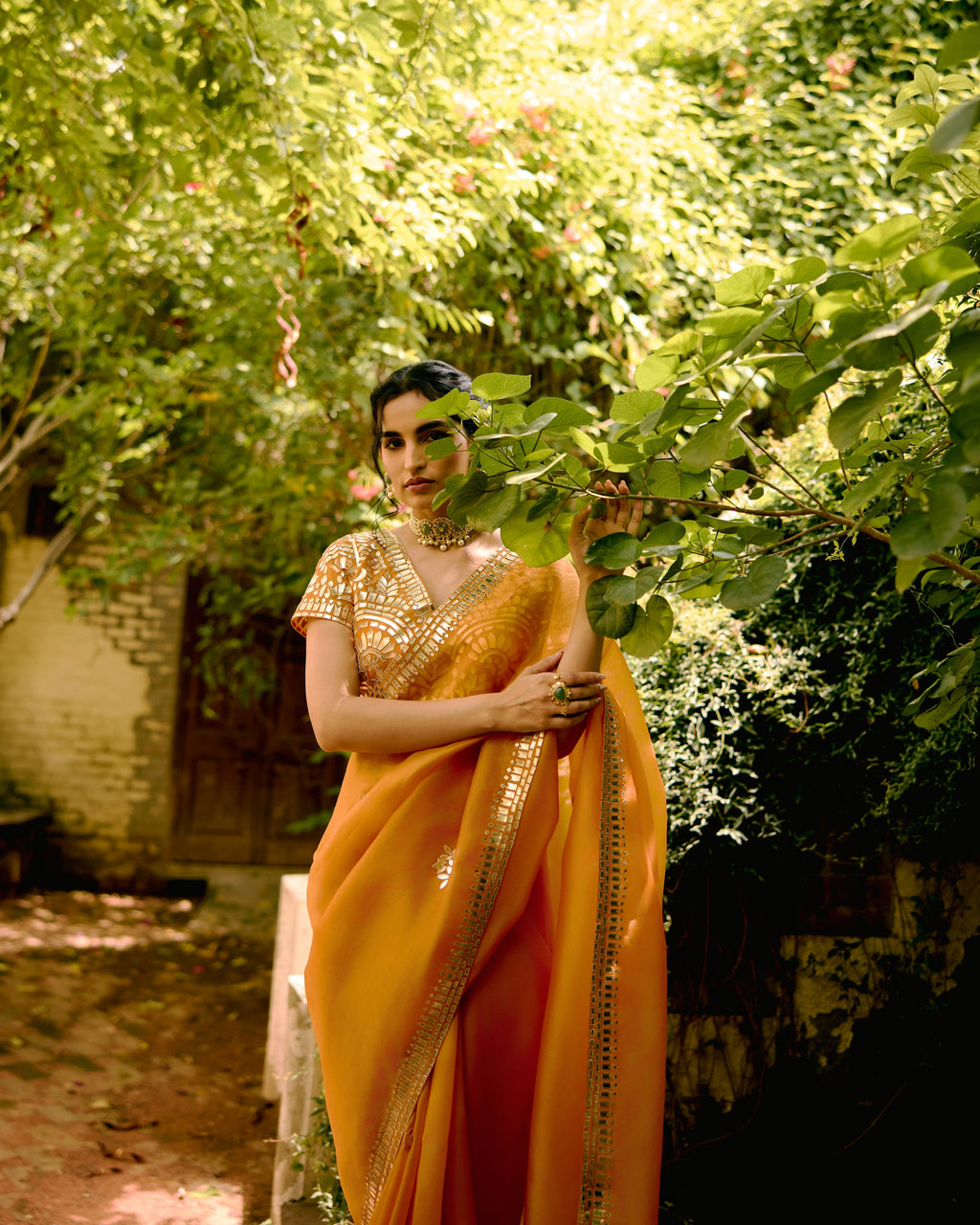 Rust Organza Leather Embroidery Saree