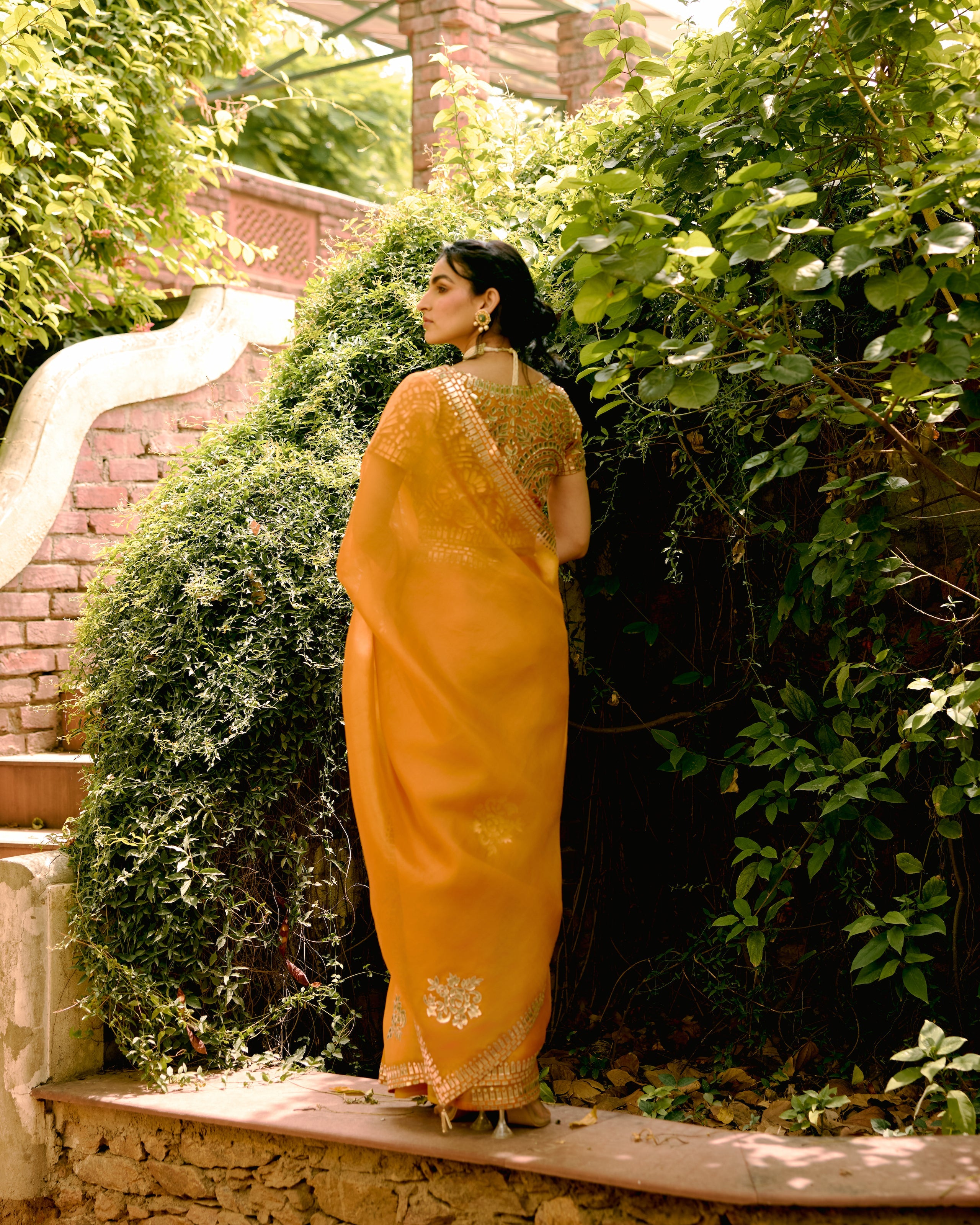 Rust Organza Leather Embroidery Saree