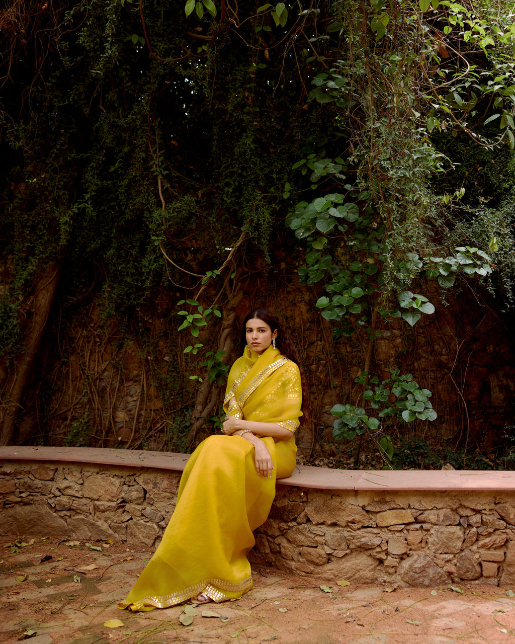 Yellow Organza Leather Embroidery Saree