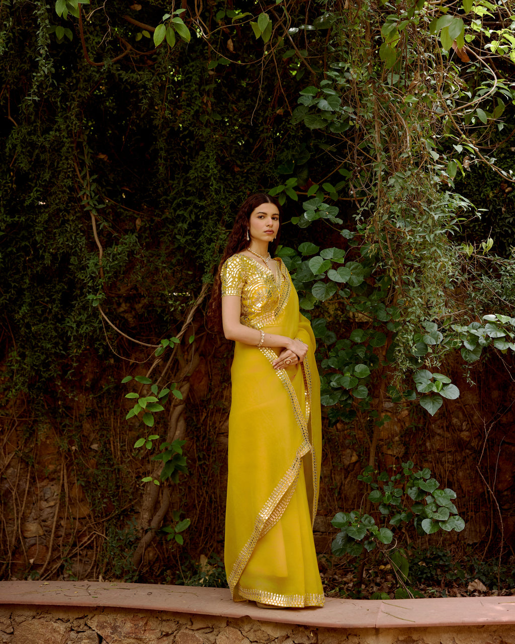 Yellow Organza Leather Embroidery Saree