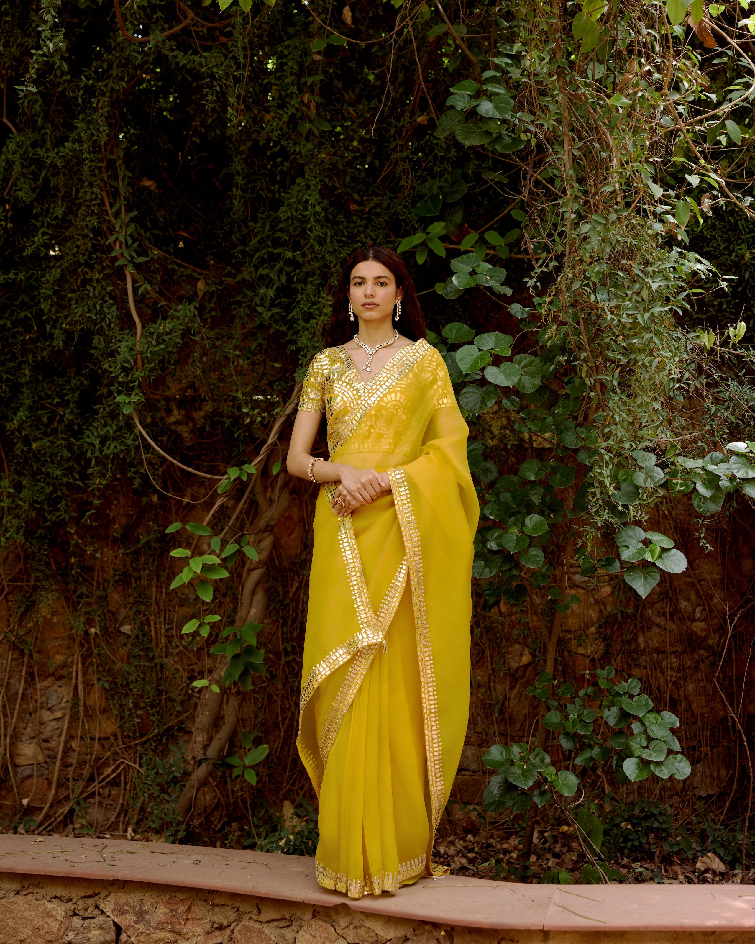 Yellow Organza Leather Embroidery Saree