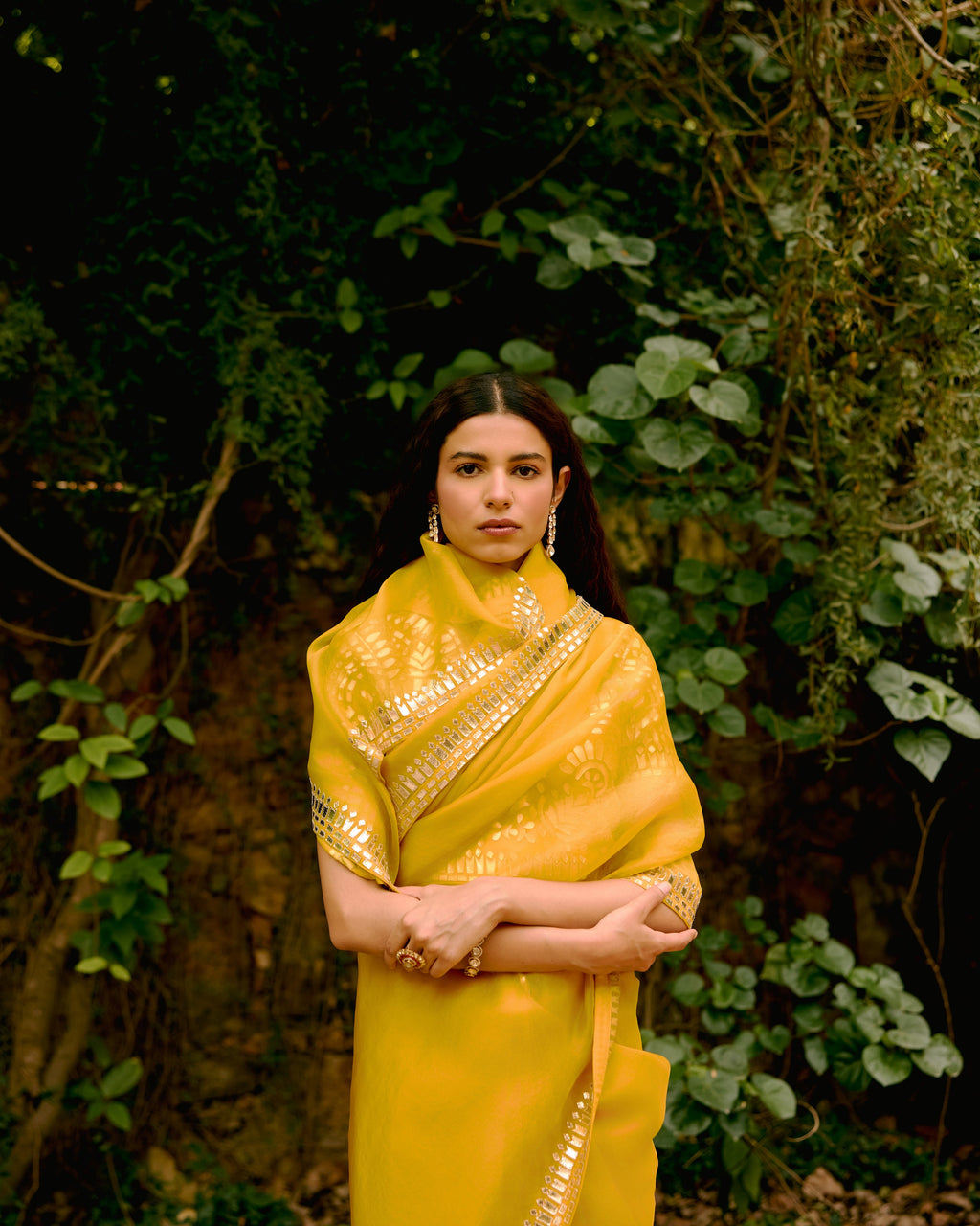 Yellow Organza Leather Embroidery Saree
