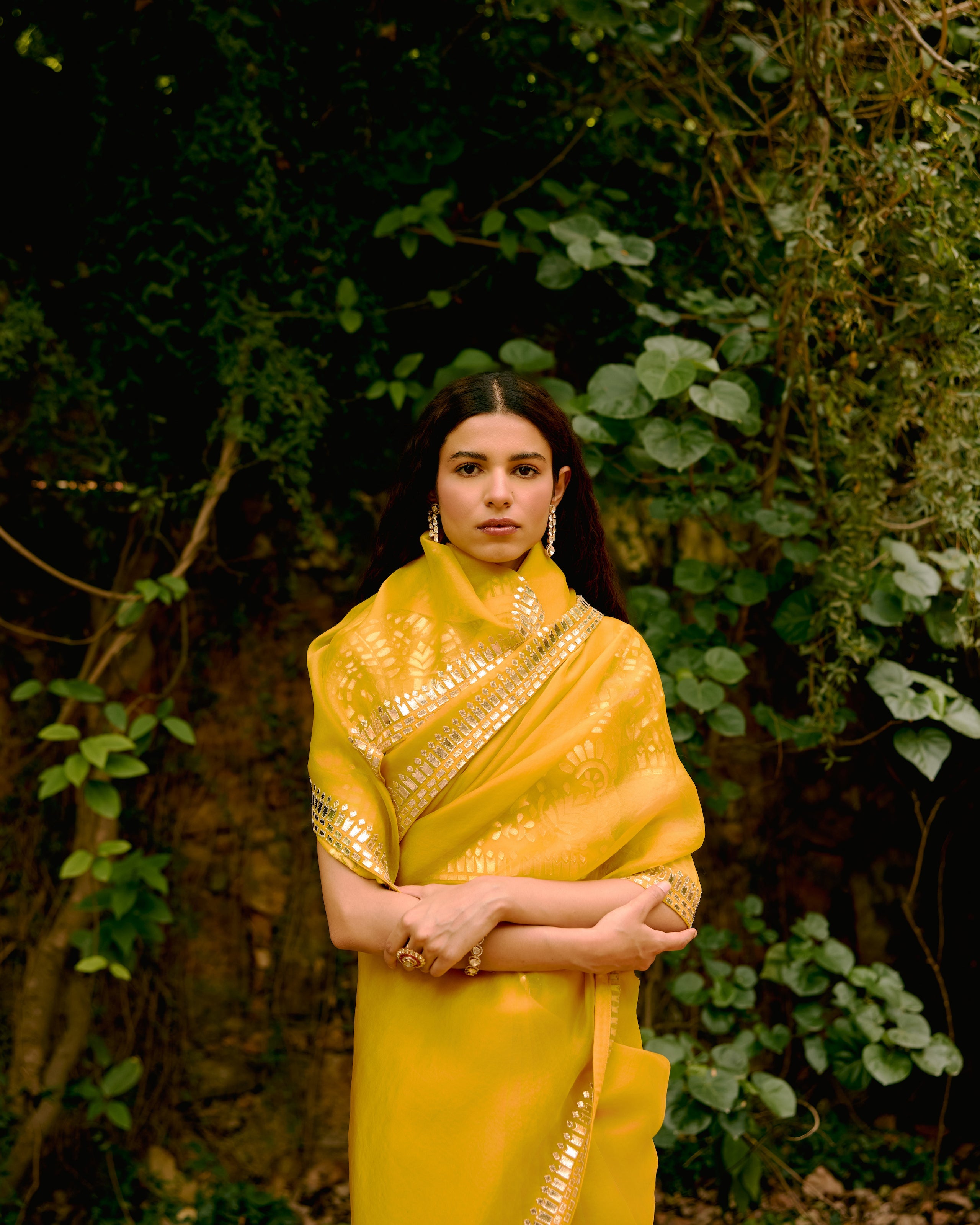 Yellow Organza Leather Embroidery Saree