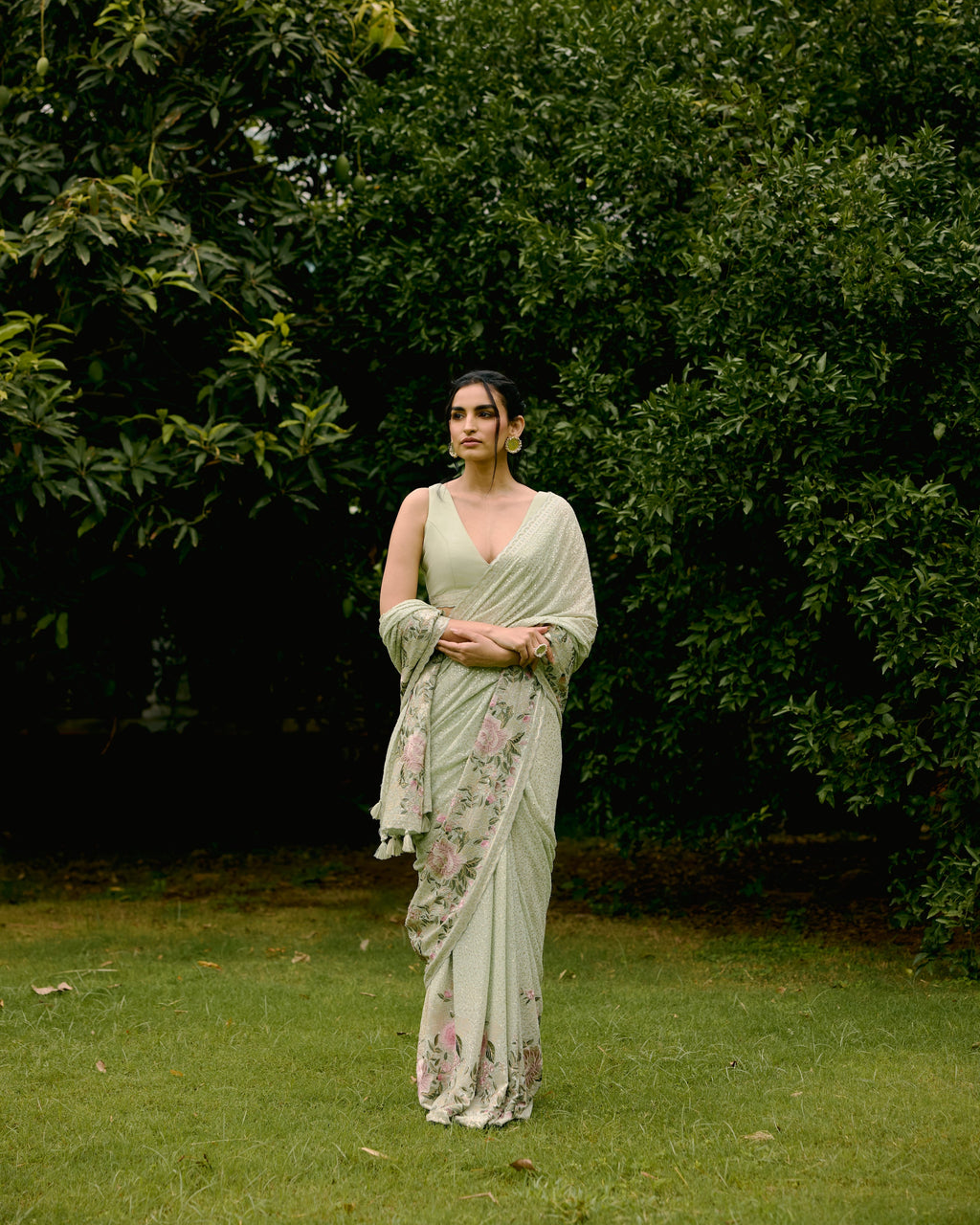 Green Georgette Sequins and Threadwork Saree