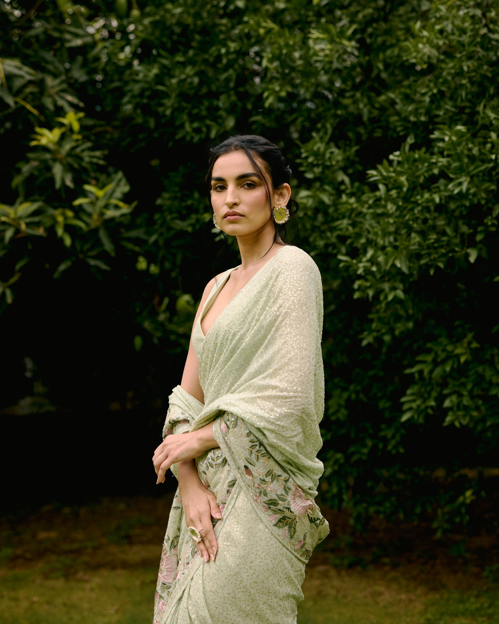 Green Georgette Sequins and Threadwork Saree