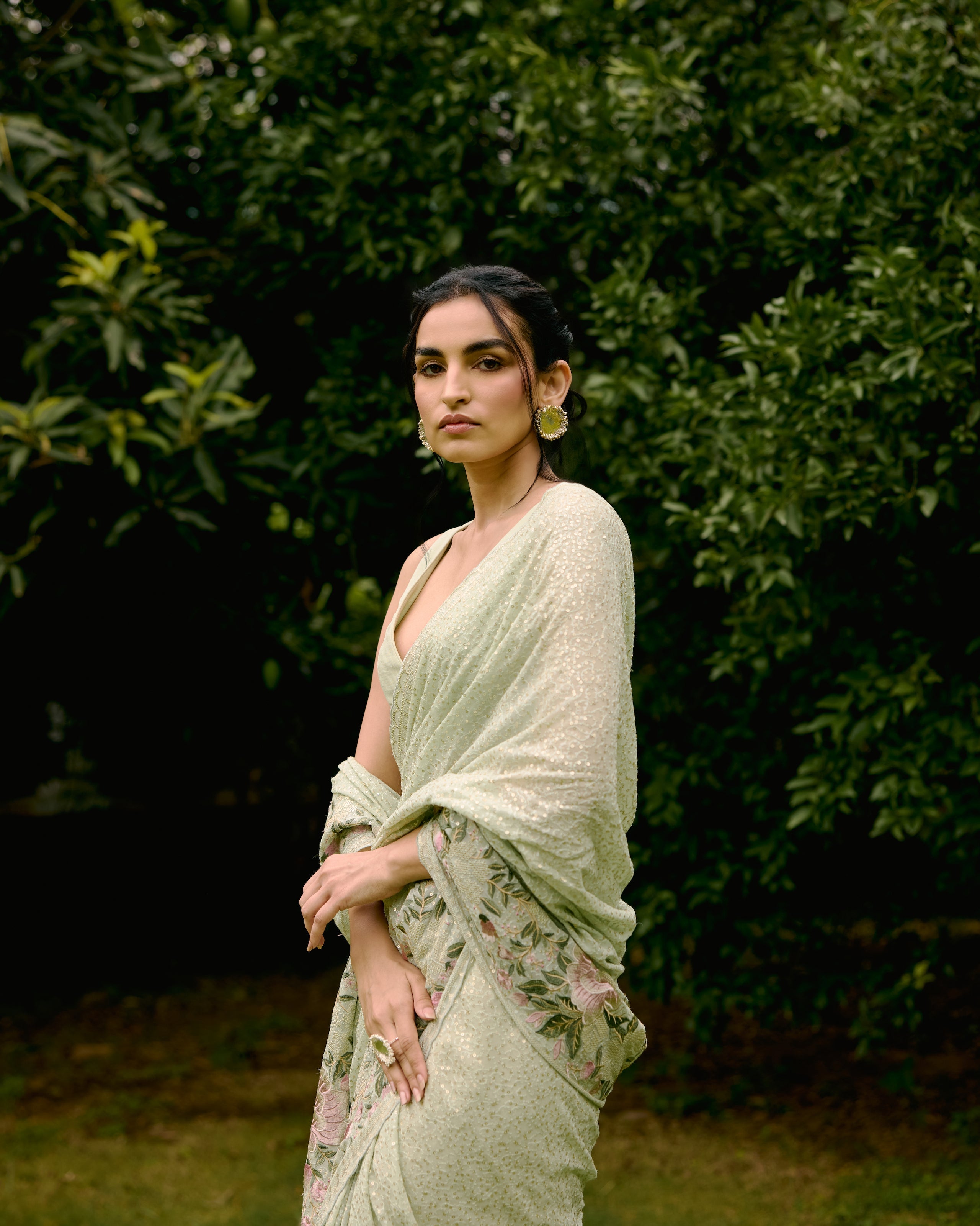 Green Georgette Sequins and Threadwork Saree