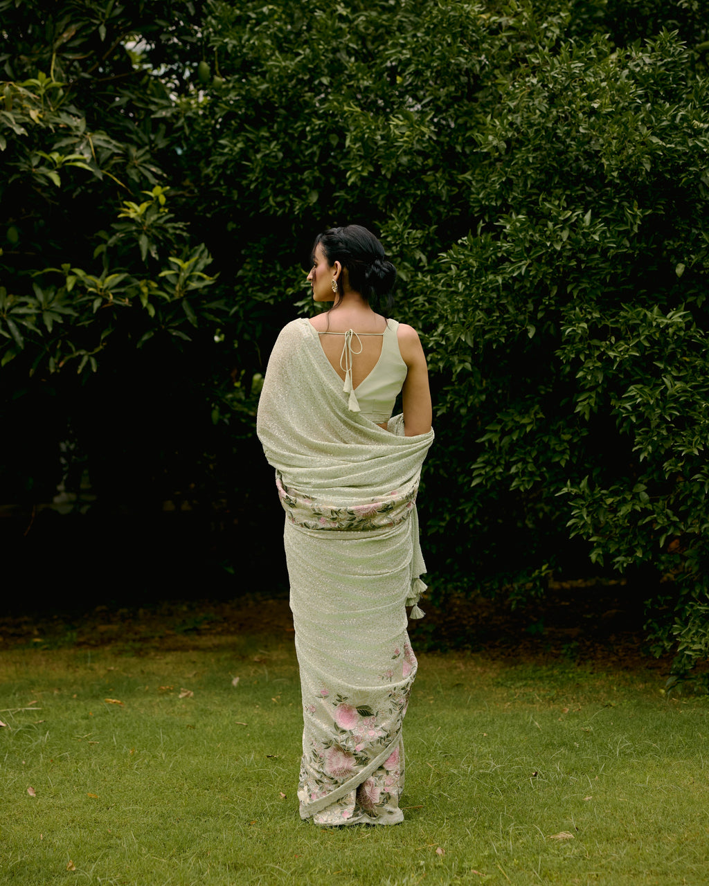 Green Georgette Sequins and Threadwork Saree