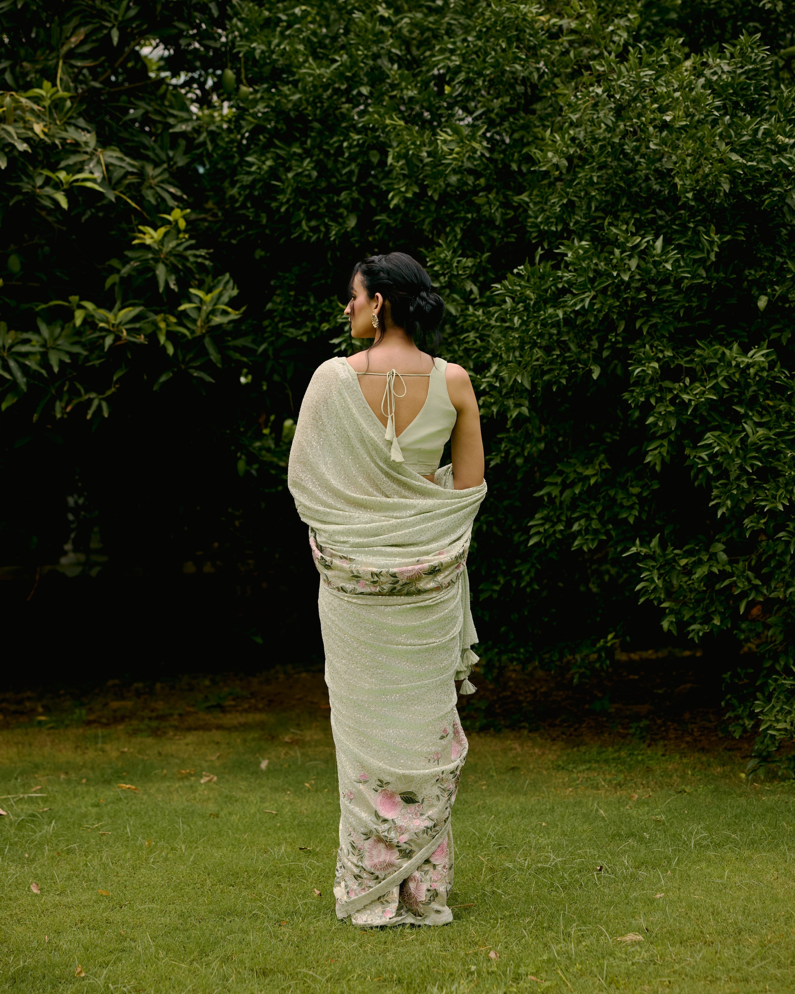 Green Georgette Sequins and Threadwork Saree