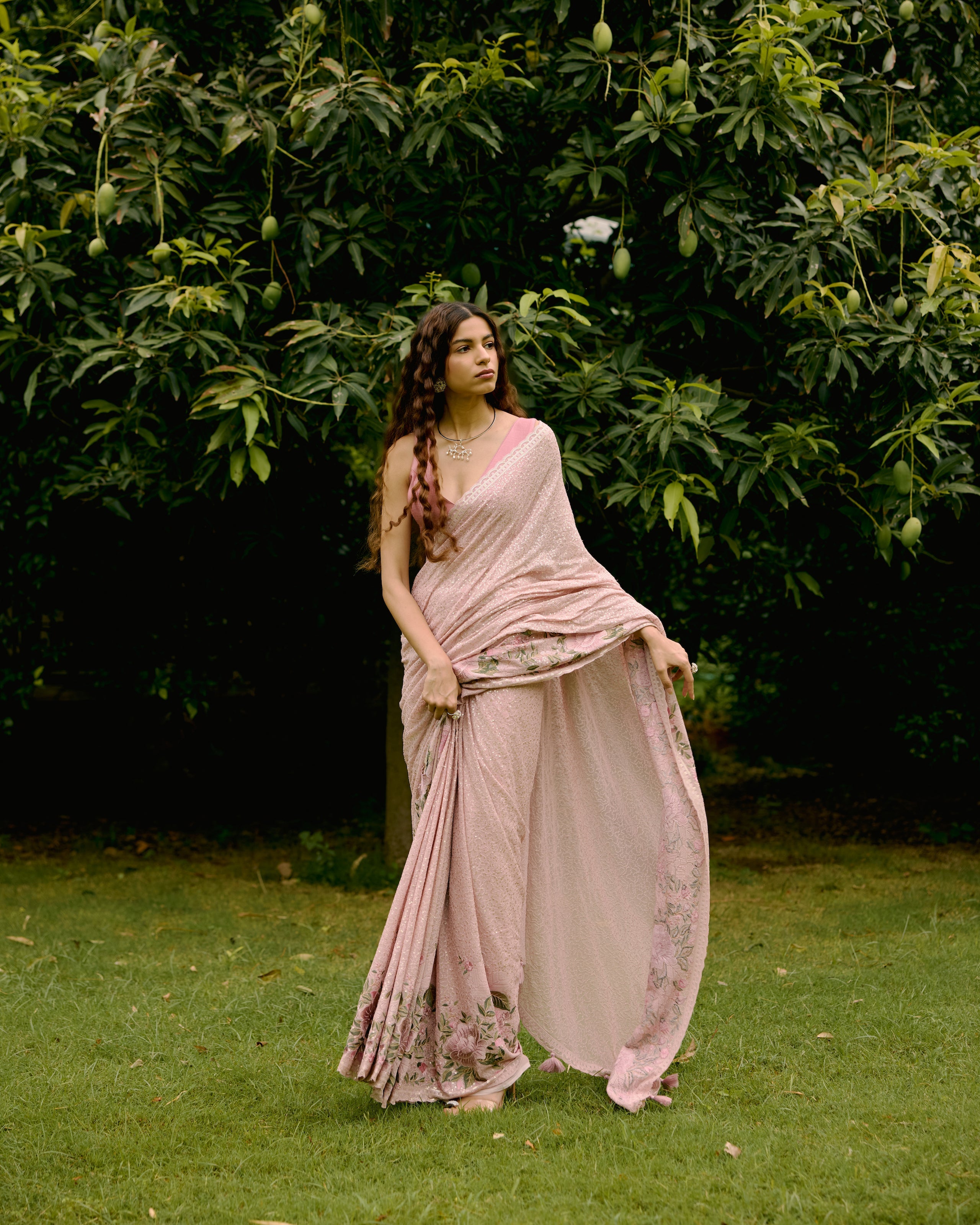 Pink Georgette Sequins and Threadwork Saree