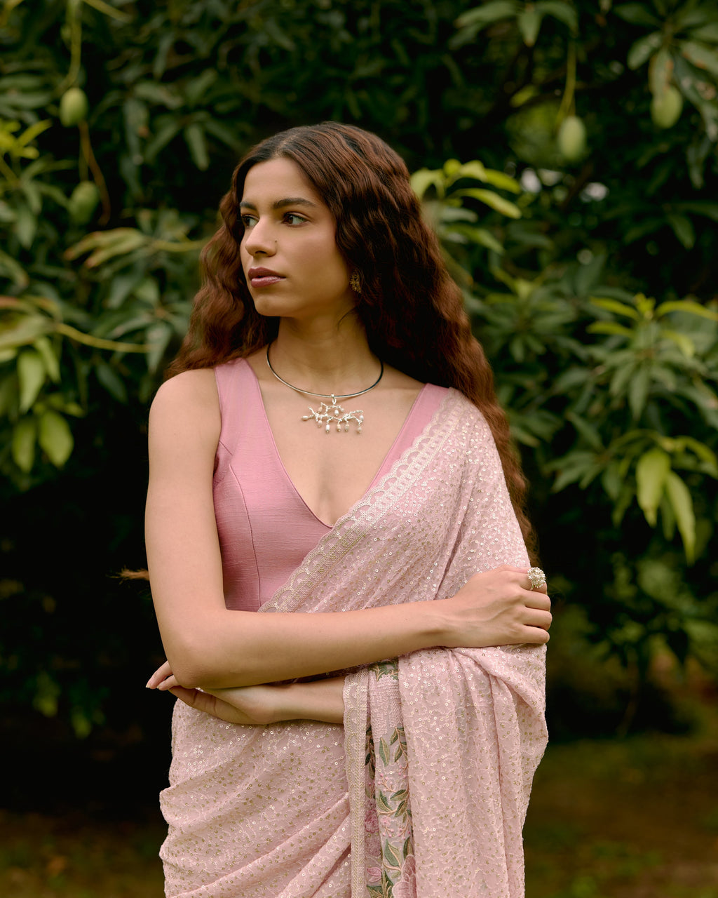 Pink Georgette Sequins and Threadwork Saree