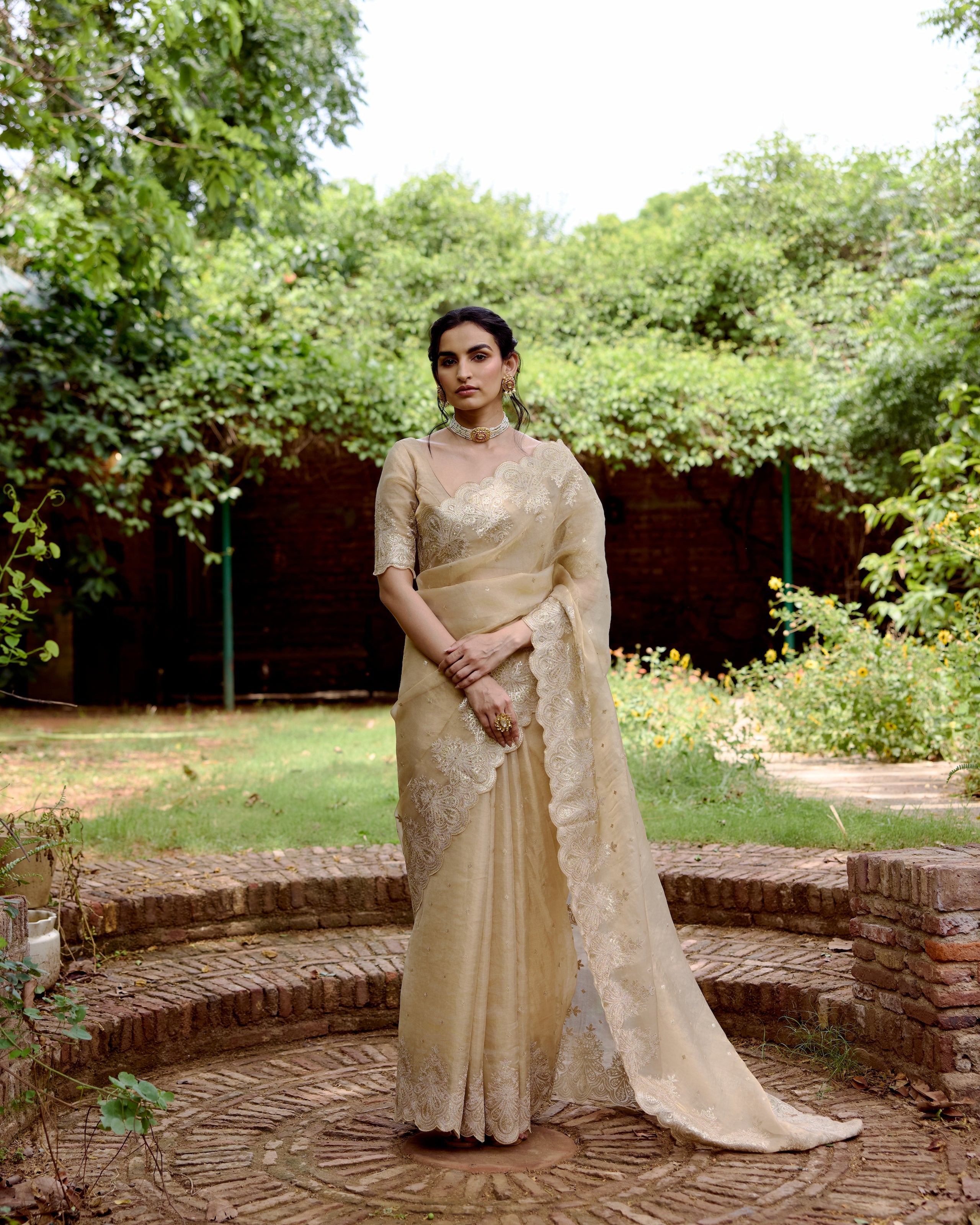 Gold Organza Tissue Saree with Sequin and Zari
