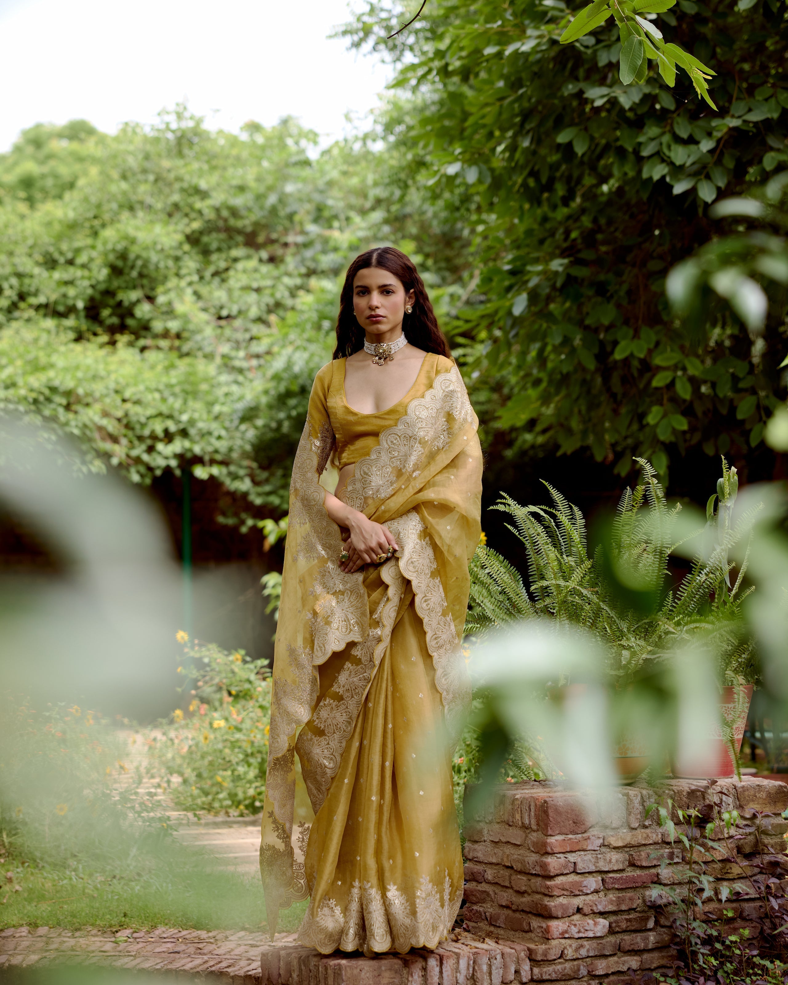 Yellow Gold Organza Tissue Saree with Sequin and Zari